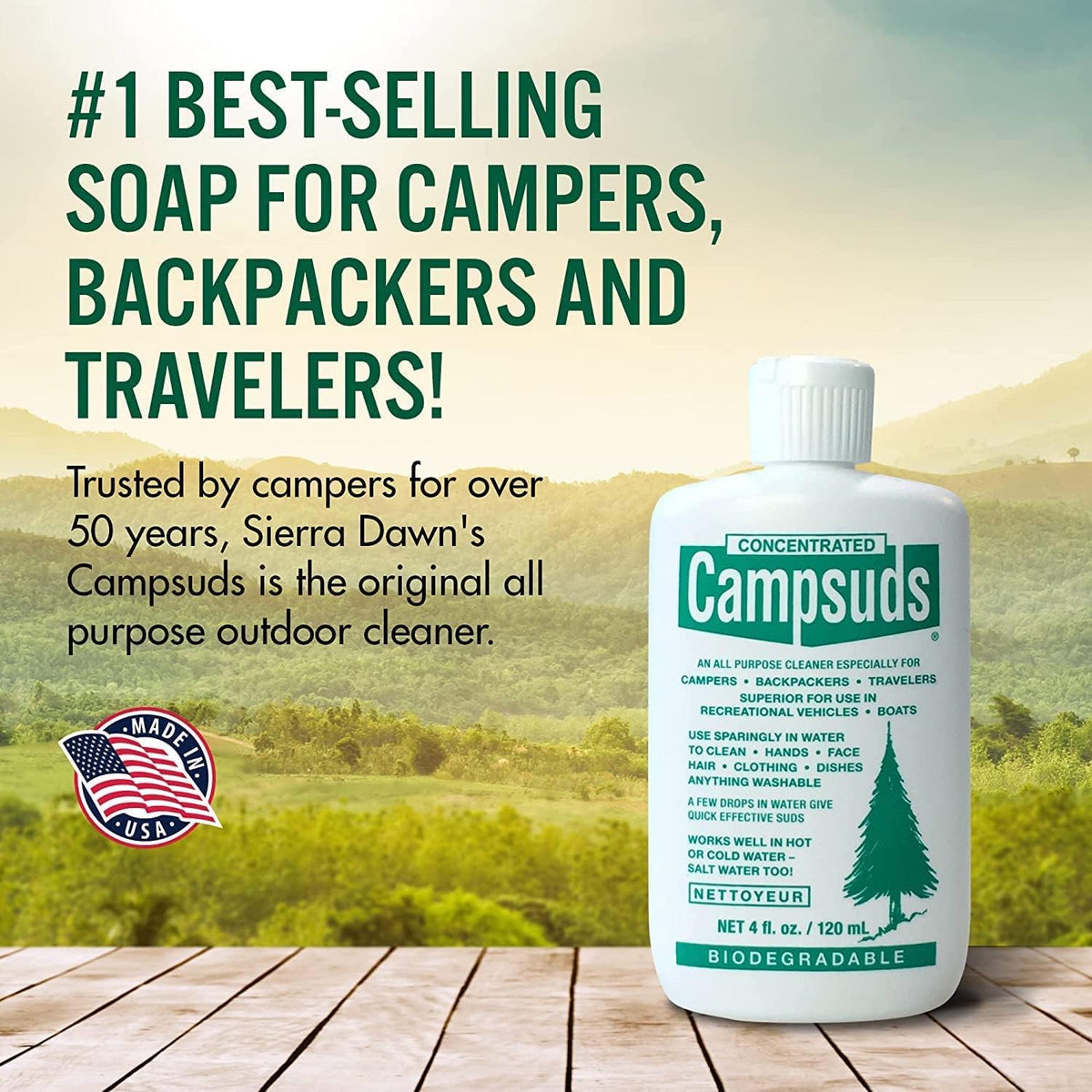 Sierra Dawn Classic Campsuds Biodegradable Camping Soap - the Original Camp Dish Soap, Shampoo, Body Wash - Wilderness Wash for Backpacking & Travel, 4 Fl Oz