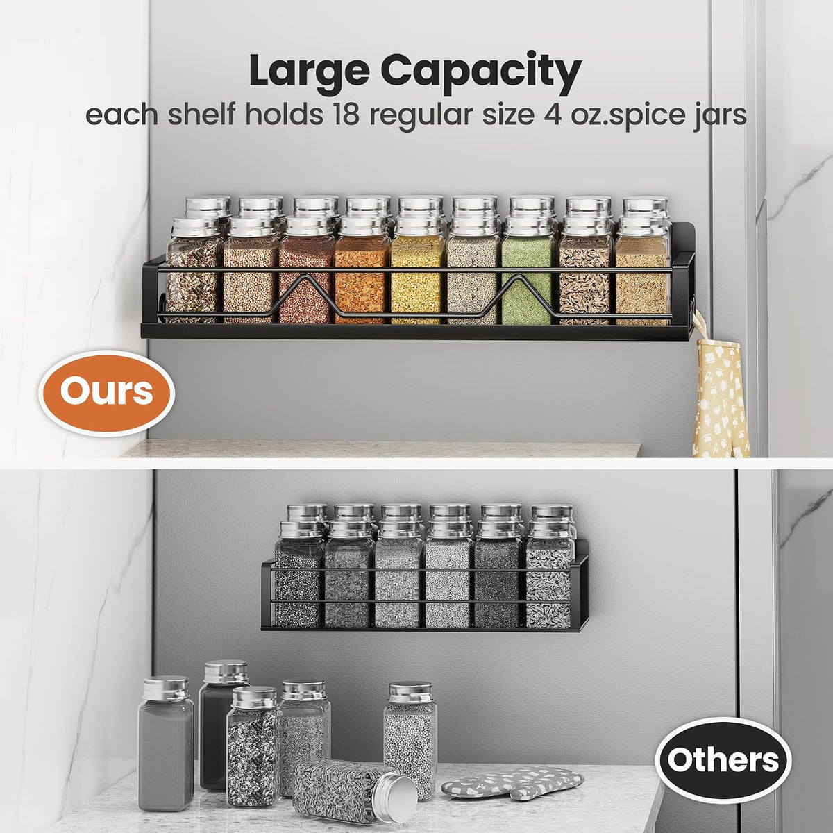 16.9 Inch Large Capacity Magnetic Spice Rack for Refrigerator Black, 4 Pack