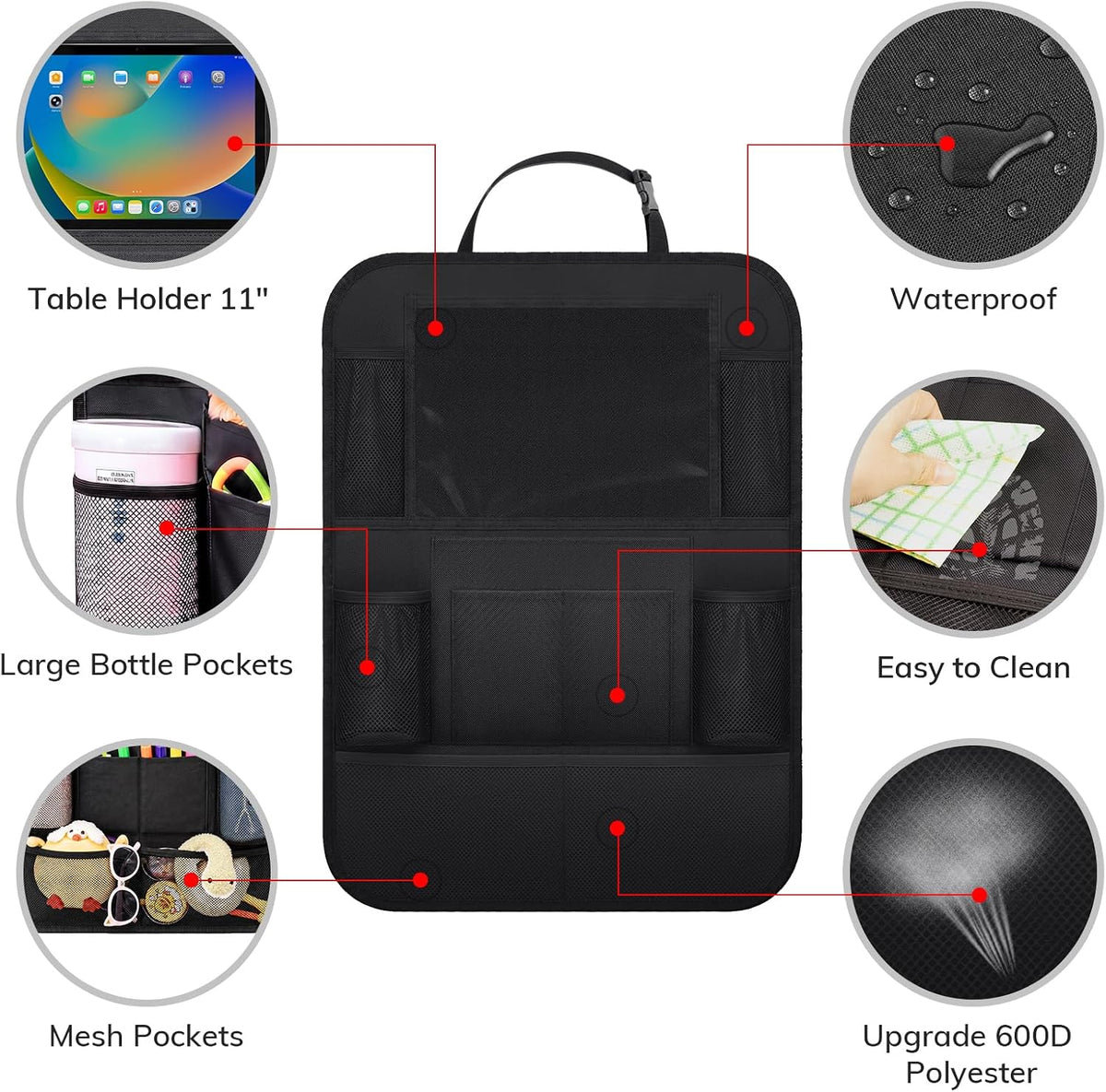 Backseat Car Organizer W/ 10 Storage Pockets 11" Tablet Holder, 2 PCS Black
