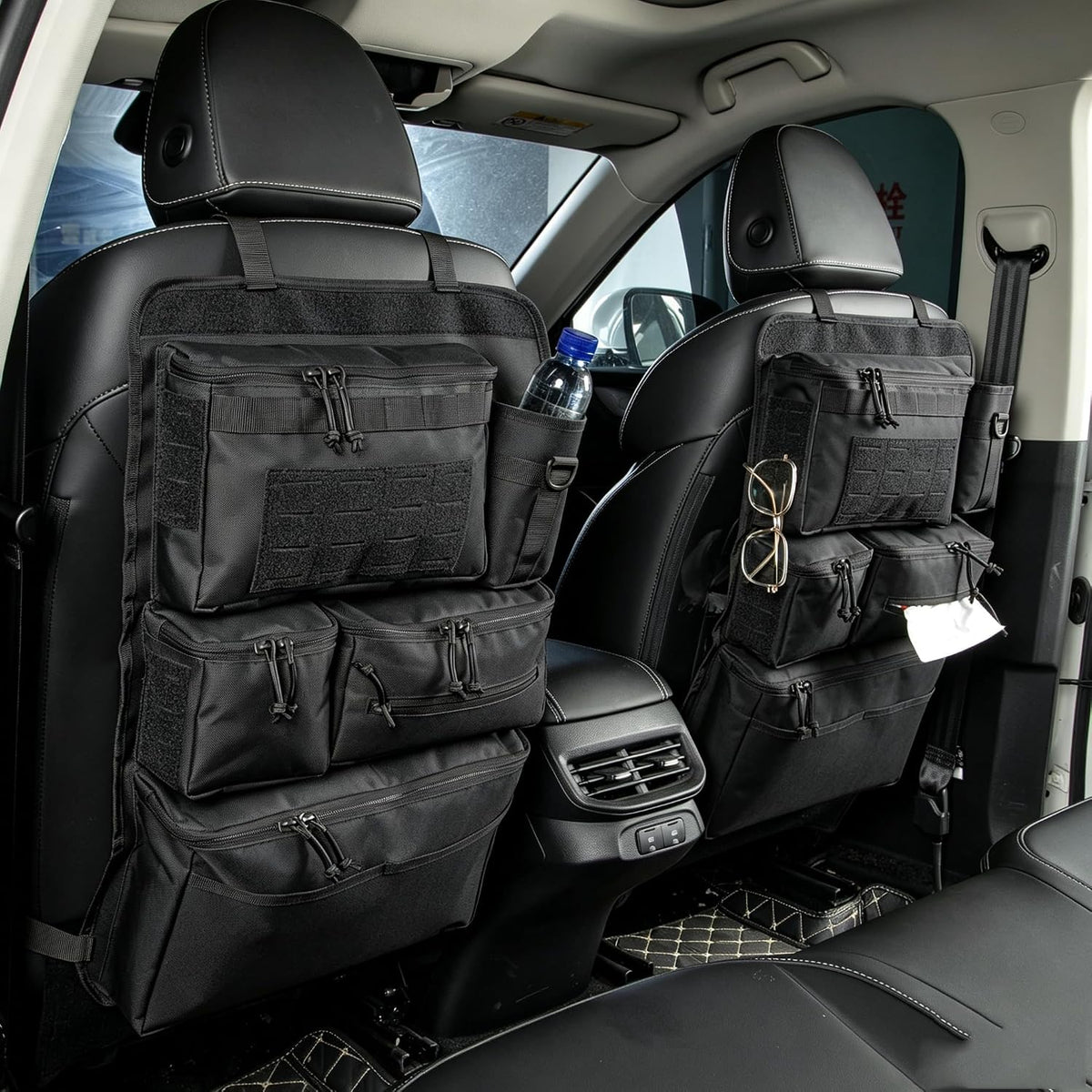 One-Piece Universal Car Seat Back Organizer with Tissue & Water Bottle Bag