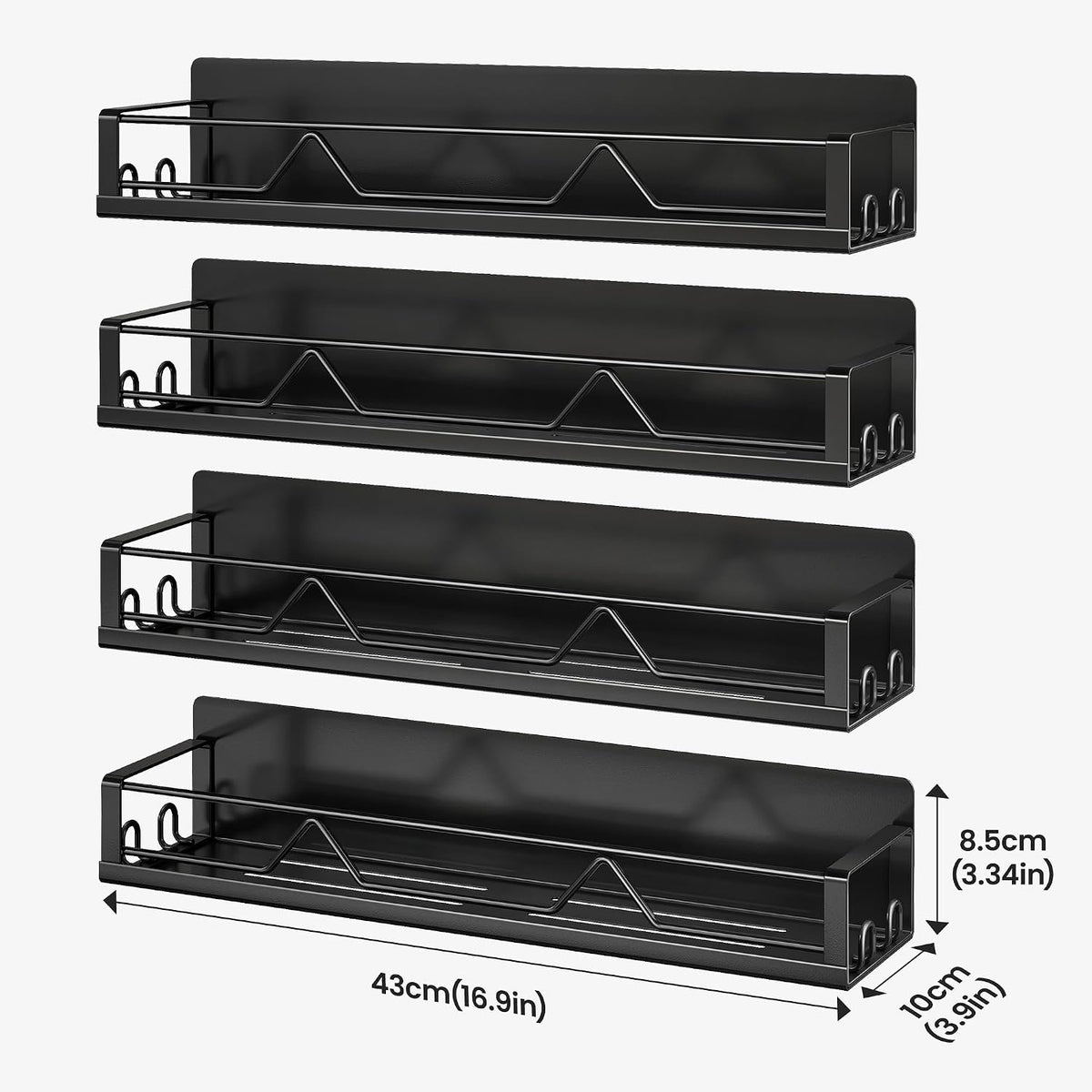 16.9 Inch Large Capacity Magnetic Spice Rack for Refrigerator Black, 4 Pack