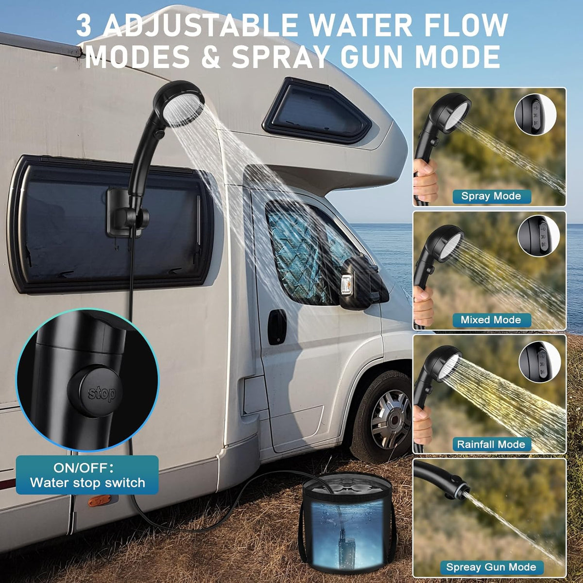 Rechargeable Camping Shower with Collapsible Bucket Handle 20L