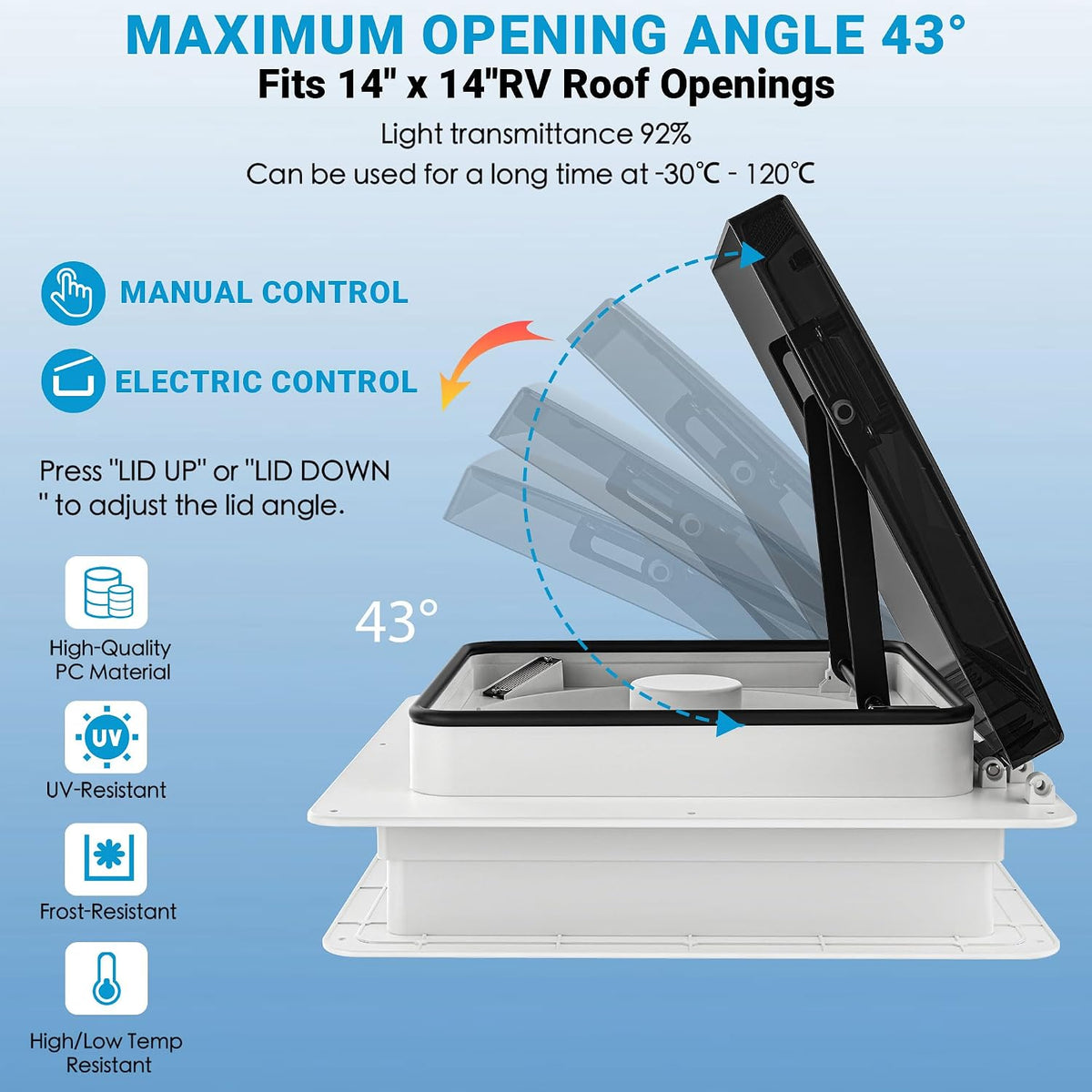 RV Roof Vent Fan 14X14 with 4 Color LED Ambiance Light, Reversible Airflow, Ultra-Quiet 12V (24V Max) Vent Fan with Remote & Rain Sensor