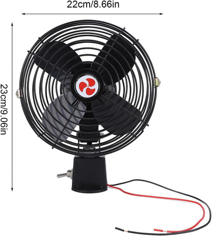 12V Heavy-Duty Metal Car Fan with Noise Reduction Technology for Vehicles, Boats, and Buses (8 Inch)