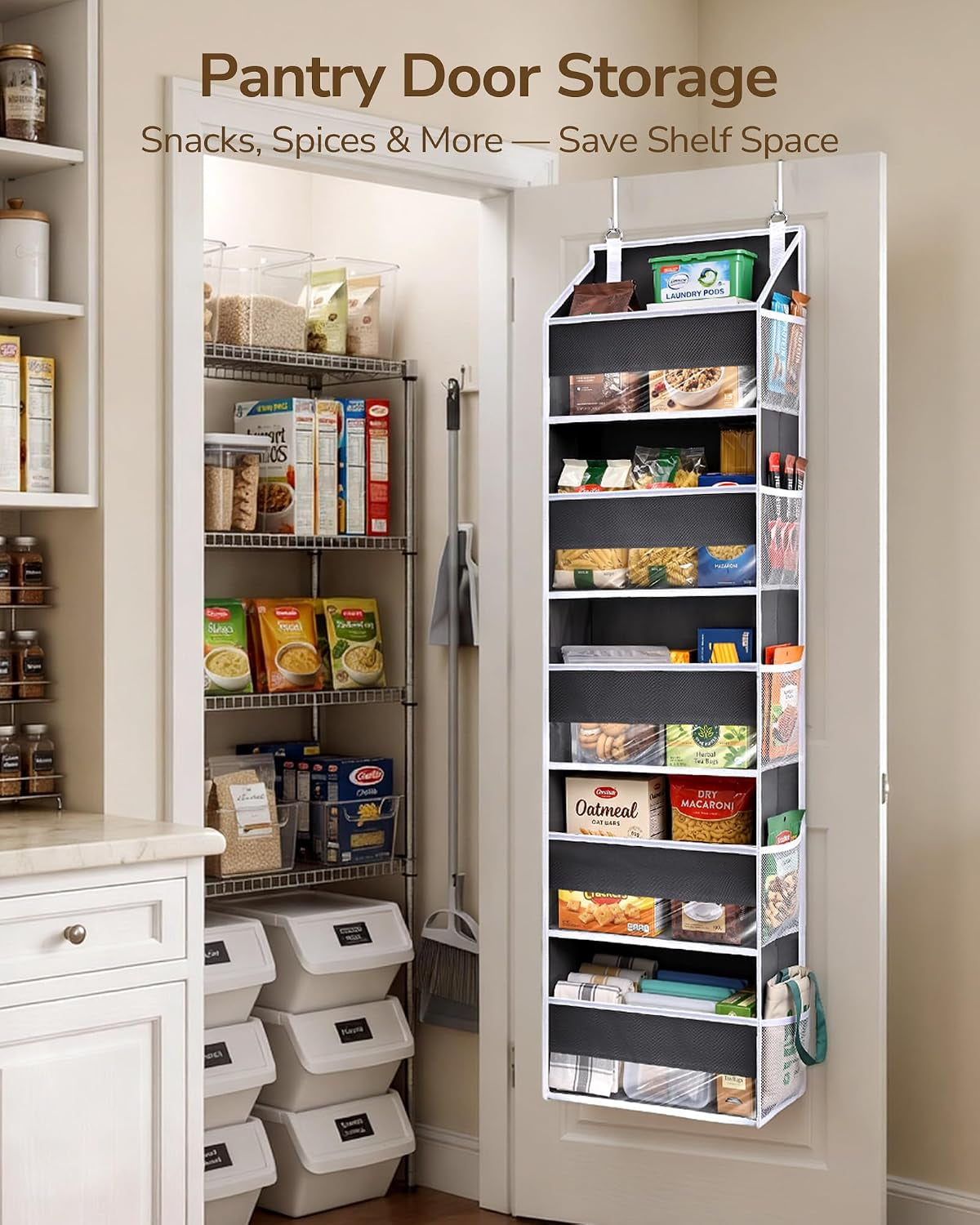 1 Pack over Door Organizer with 5 Large Pockets 10 Mesh Side Pockets, 44 Lbs Weight Capacity Hanging Storage Organizer with Clear Window Kids Toys, Diapers, Dark Grey, 5 Layers