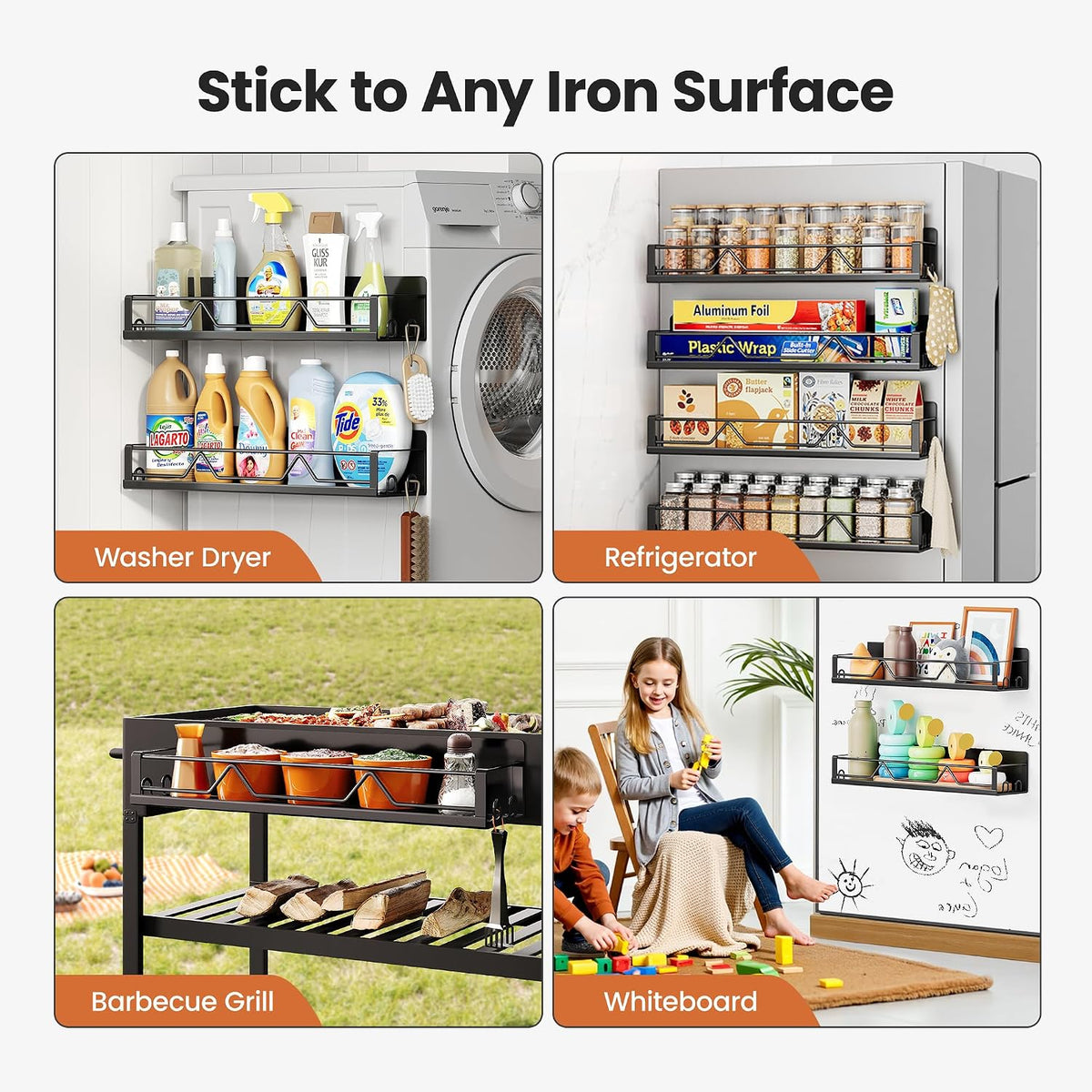 16.9 Inch Large Capacity Magnetic Spice Rack for Refrigerator Black, 4 Pack