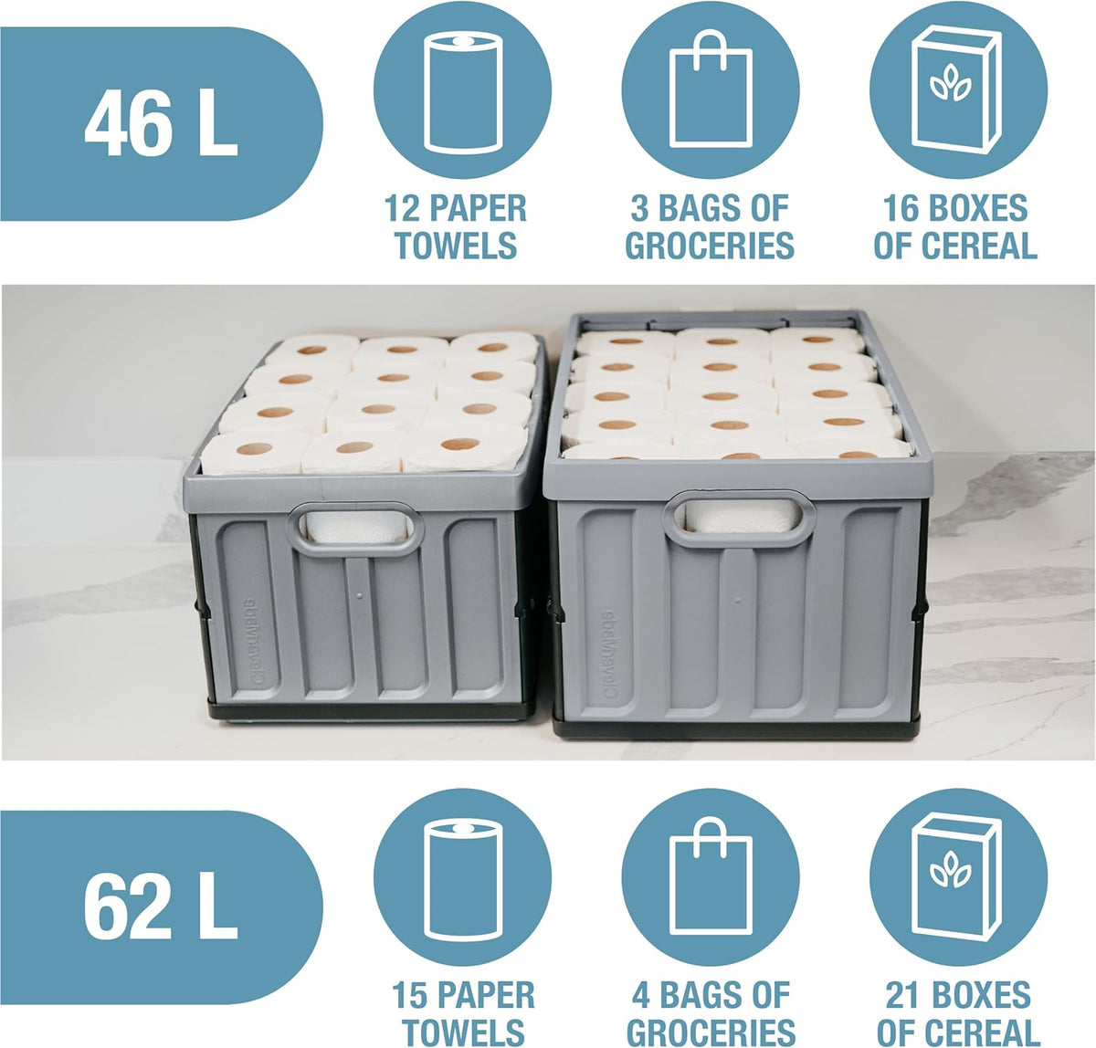 Collapsible Storage Bins with Lids, 46L 3 Pack, 75 Lb, Stone