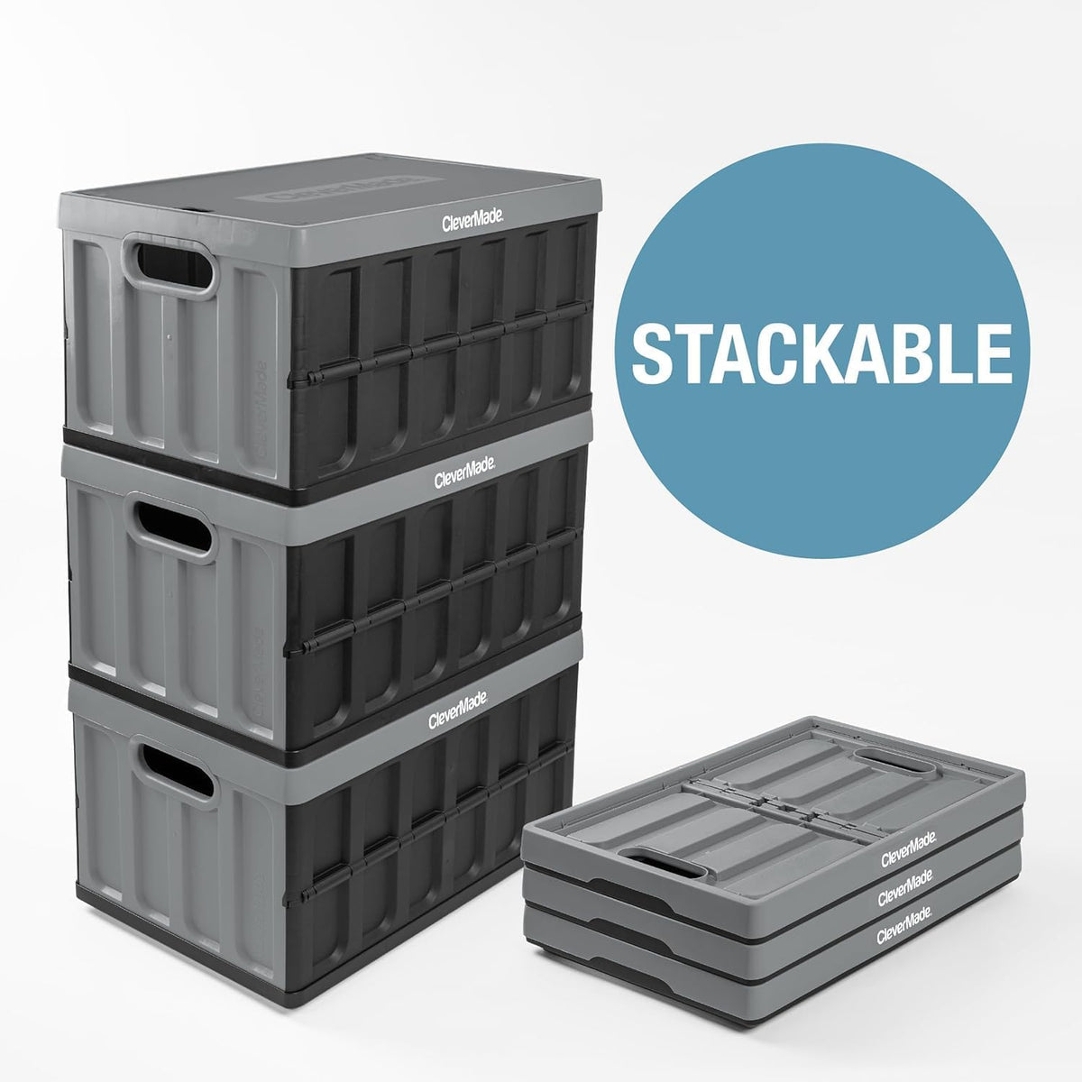 Collapsible Storage Bins with Lids, 46L 3 Pack, 75 Lb, Stone