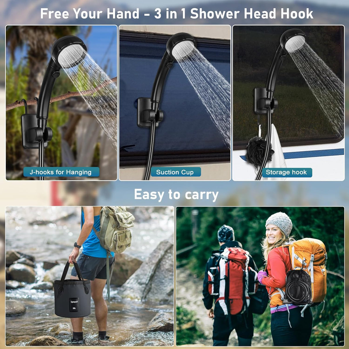 Rechargeable Camping Shower with Collapsible Bucket Handle 20L