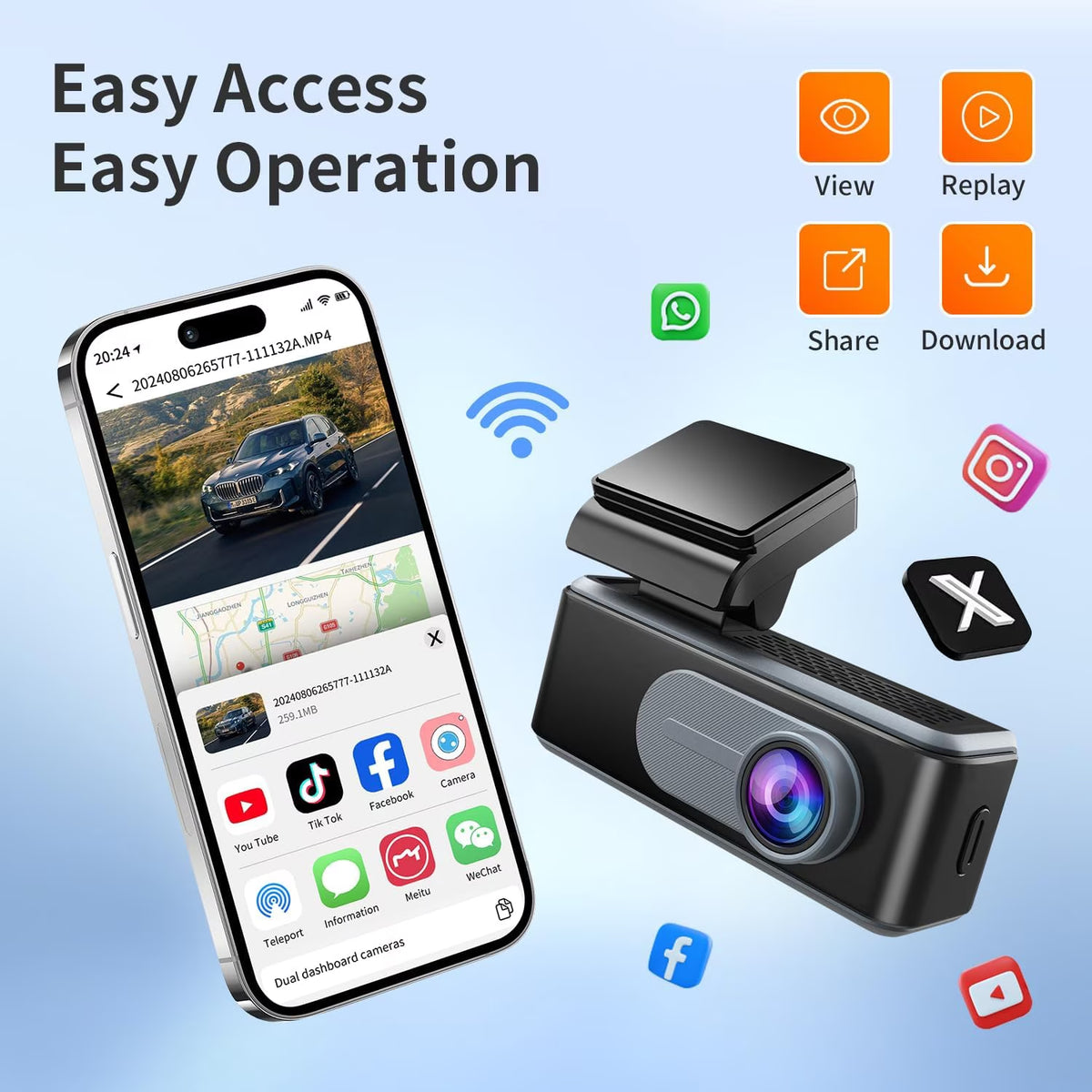4K Front and Rear Dual Dash Cam with Wi-Fi and Mobile App Integration