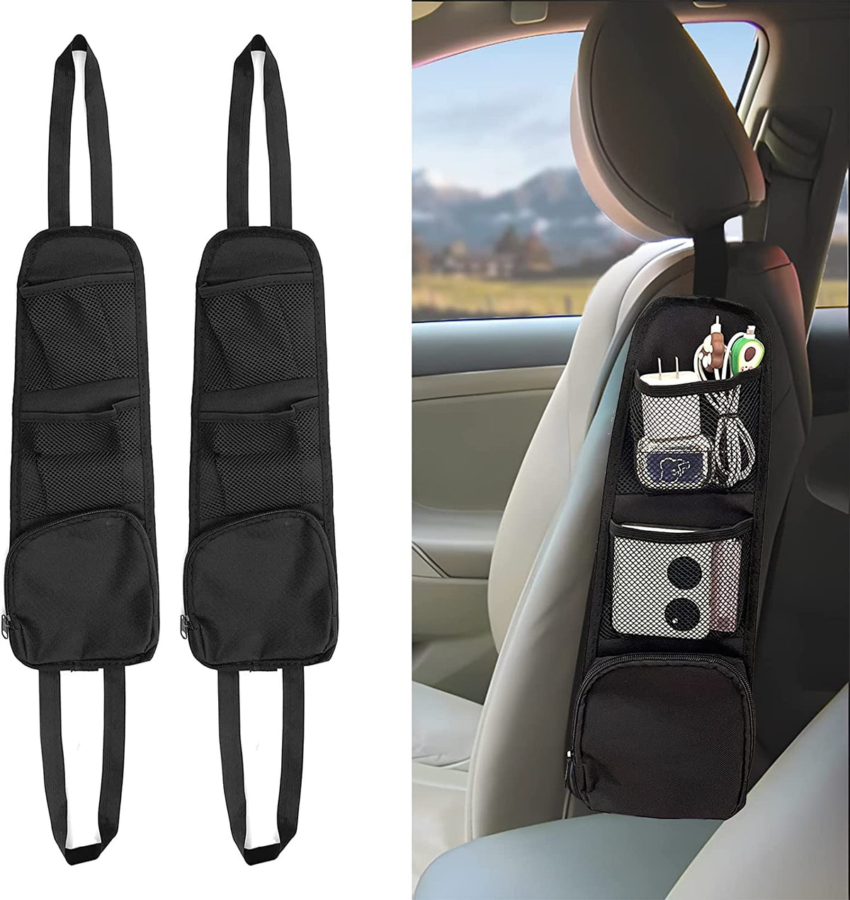 2PCS Car Seat Storage Hanging Bag, Multi-Pocket Seat Side Organizer, Multifunctional Mesh Net Pocket, Can Hold Mobile Phone, Wallet, Glasses, Suitable for Cars, Suvs, Trucks
