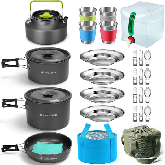 29Pcs Camping Cookware Mess Kit, Non-Stick Lightweight Pots Pan Kettle, Collapsible Water Container and Bucket, Stainless Steel Cups Plates Forks Knives Spoons for Outdoor Backpacking Picnic