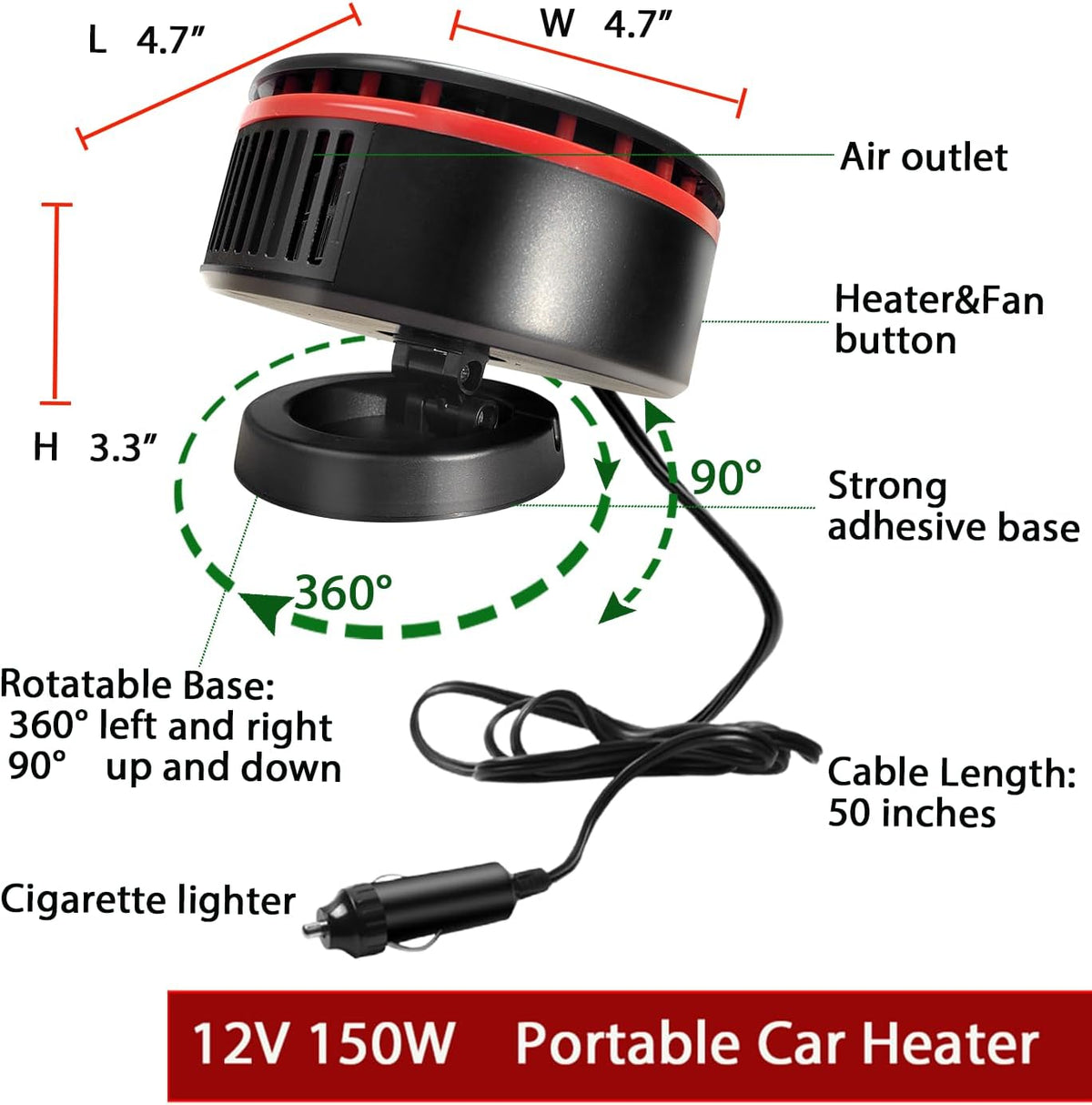12Volt Car Heater Defroster, Car Heaters for Vehicle, 360° Rotatable