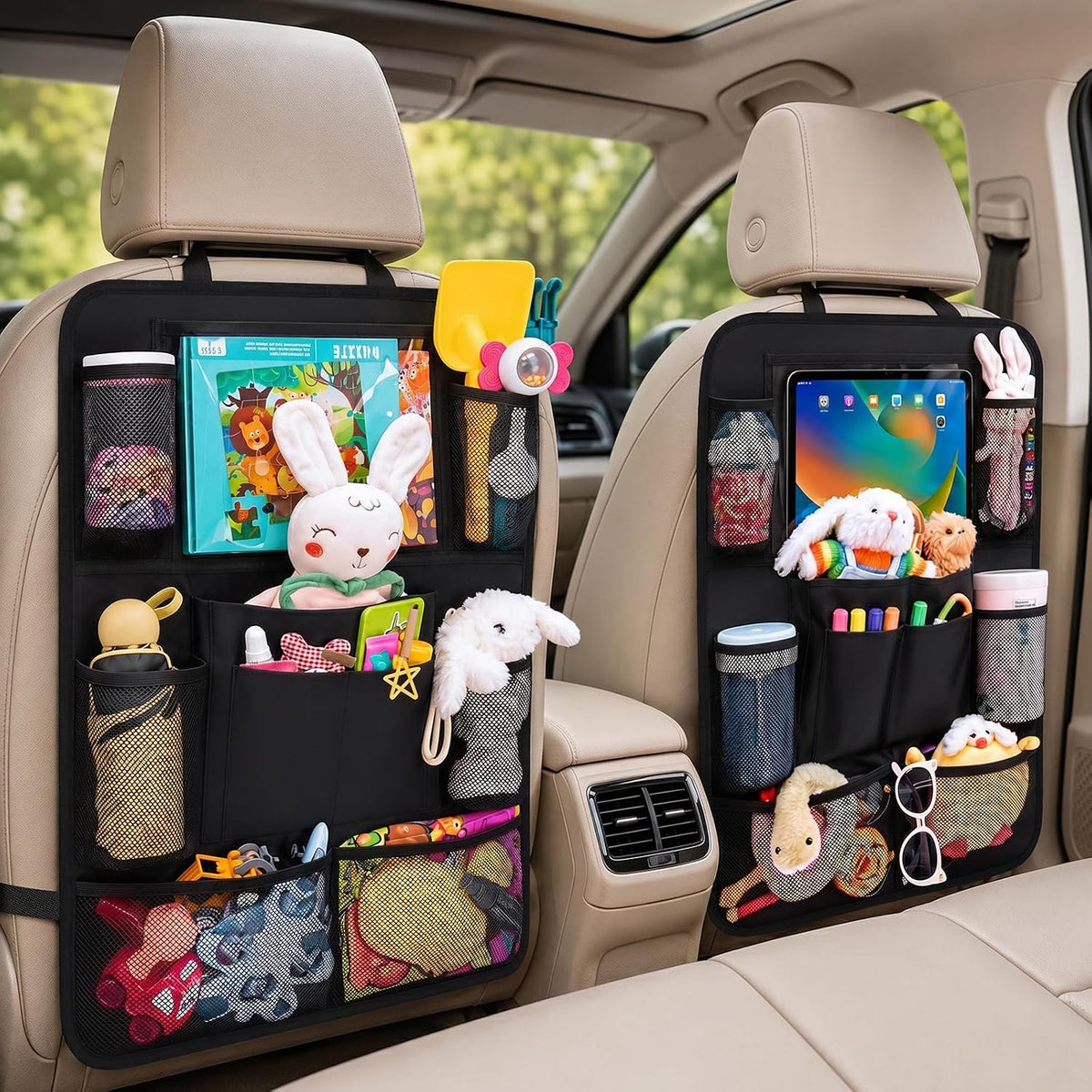 Backseat Car Organizer W/ 10 Storage Pockets 11" Tablet Holder, 2 PCS Black
