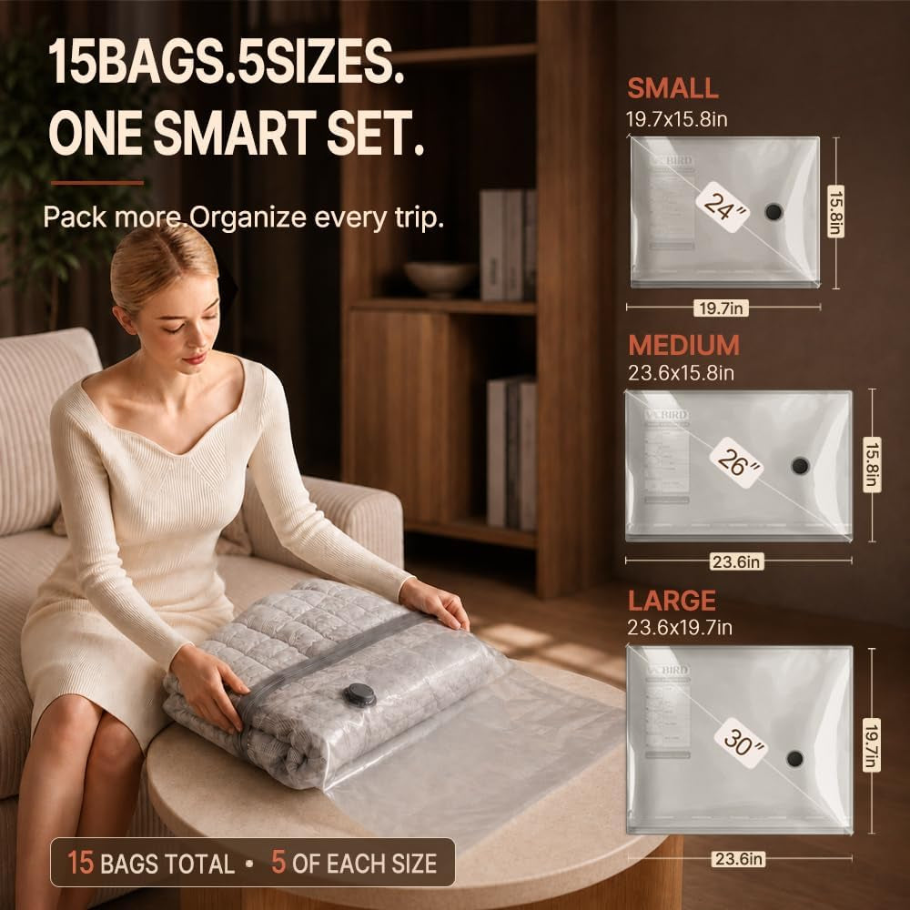 Travel Vacuum Bags with Rechargeable Pump, 15 Combo Tarvel Size