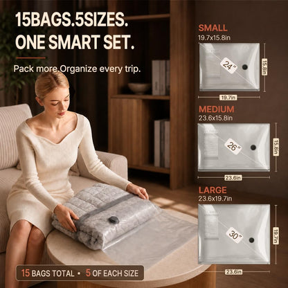 Travel Vacuum Bags with Rechargeable Pump, 15 Combo Tarvel Size