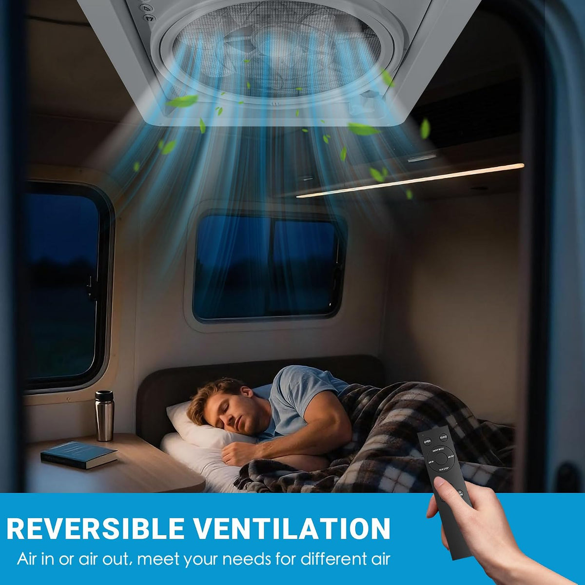 RV Roof Vent Fan 14X14 with 4 Color LED Ambiance Light, Reversible Airflow, Ultra-Quiet 12V (24V Max) Vent Fan with Remote & Rain Sensor
