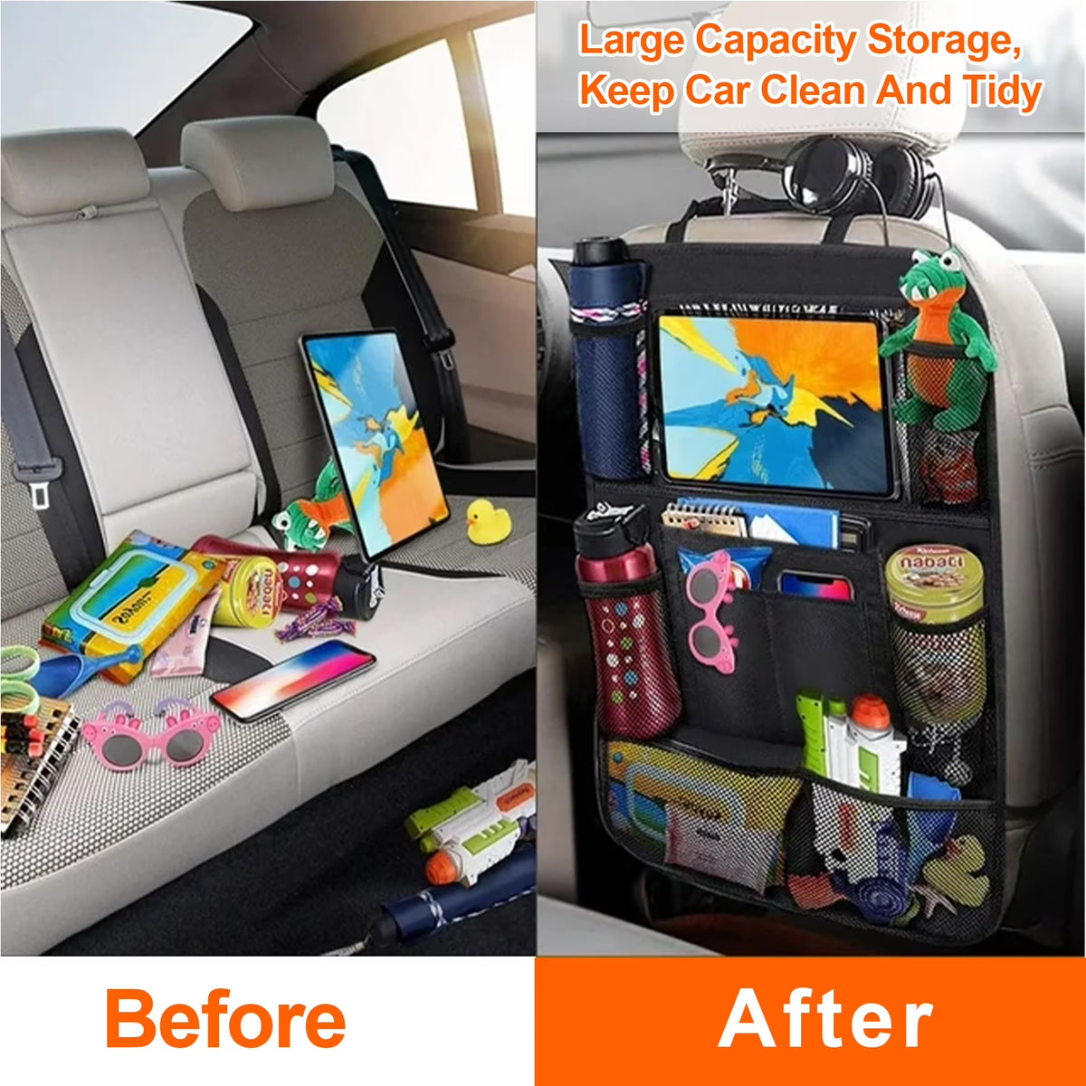 Car Backseat Organizer Set - 2 Pack Kick Mats with Tablet Holder for Kids, Travel Accessories for Efficient Car Storage