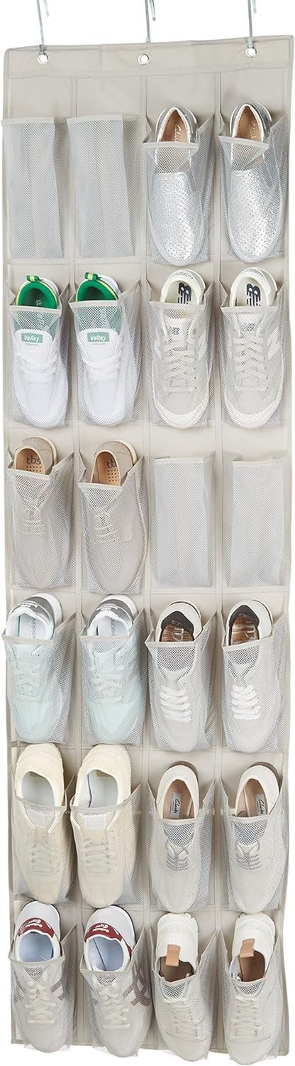 24 Medium Mesh Pocket Over-The-Door Hanging Shoe Organizer, Space Saving Shoe Storage, Light Grey
