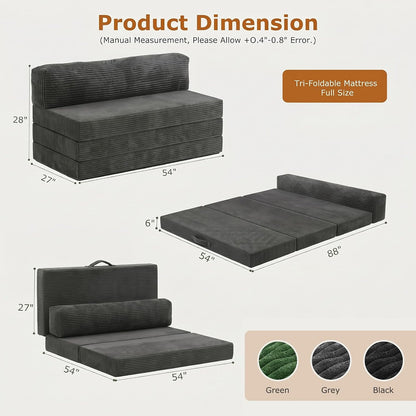 6 Inch Tri-Fold Memory Foam Mattress Full Size, 5 in 1 Convertible Sofa Bed, Foldable Floor Futon Sleeper Couch with Washable Cover & High-Density Foam, Portable Guest Bed for Living Room