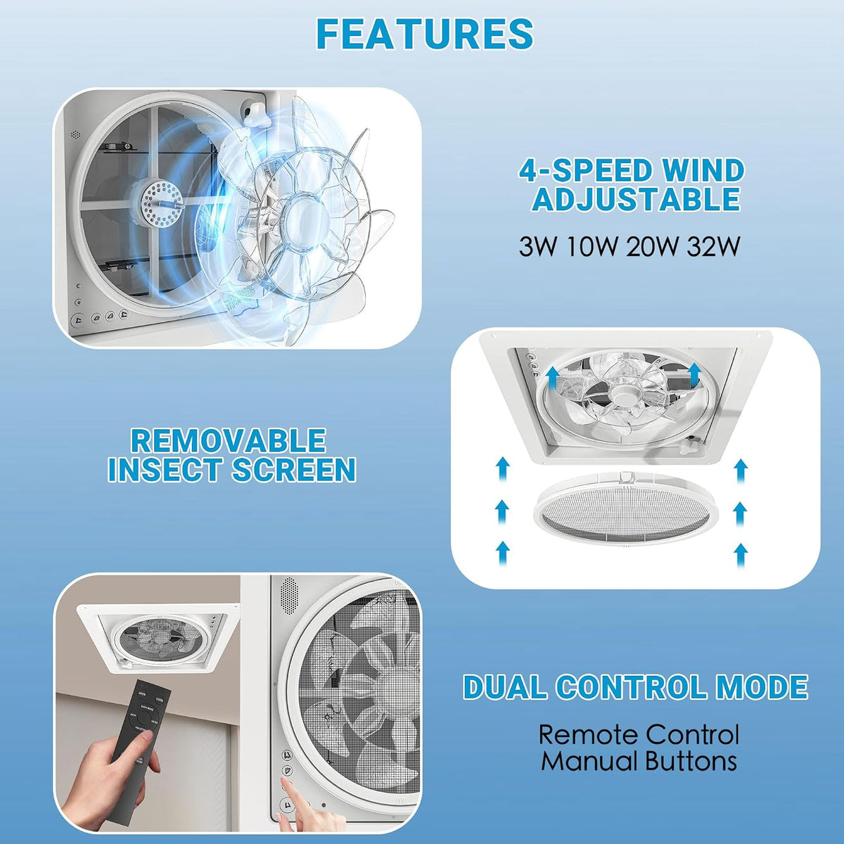 RV Roof Vent Fan 14X14 with 4 Color LED Ambiance Light, Reversible Airflow, Ultra-Quiet 12V (24V Max) Vent Fan with Remote & Rain Sensor