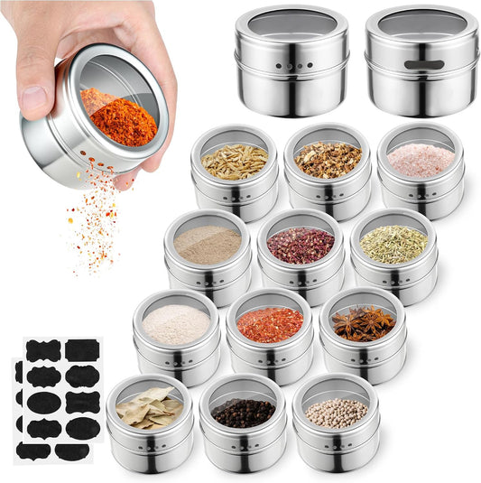 12-Pack Magnetic Spice Jars for Van Life - Stainless Steel Wall Mount Spice Tins for RV & Camper Kitchen Organization