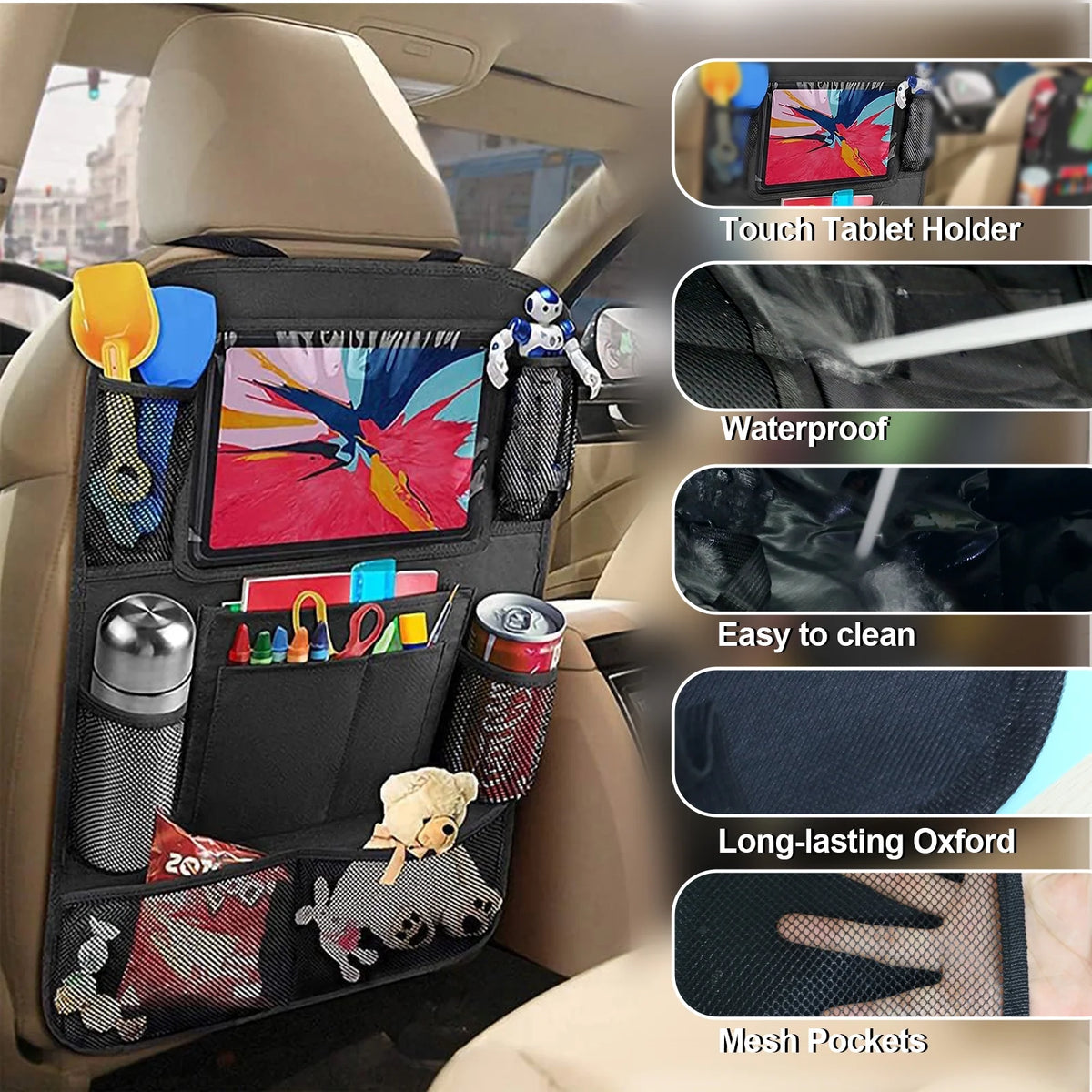 Car Backseat Organizer Set - 2 Pack Kick Mats with Tablet Holder for Kids, Travel Accessories for Efficient Car Storage