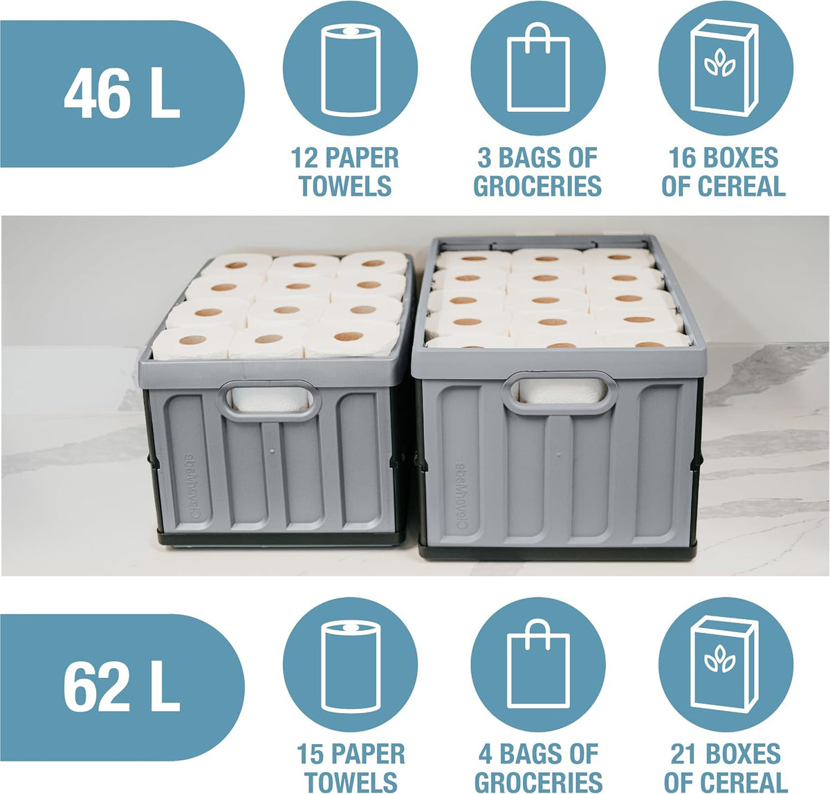 Collapsible Storage Bins with Lids, 46L 3 Pack, 75 Lb, Obsidian