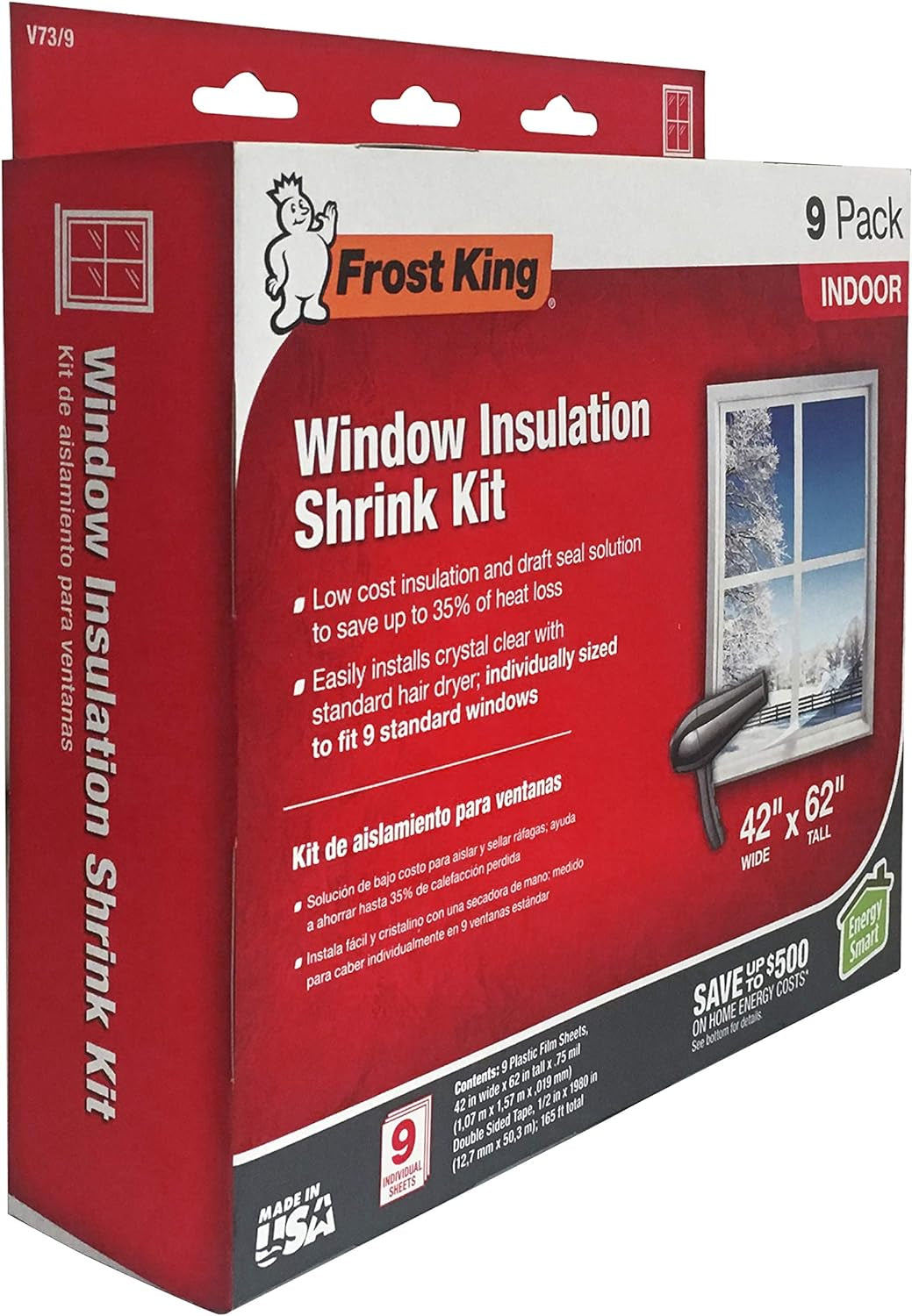 V73/9H Indoor Shrink Window Kit 42 62-Inch, Clear, 9-Pack