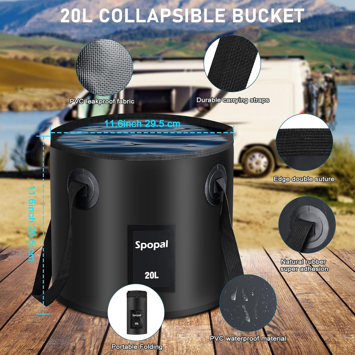 Rechargeable Camping Shower with Collapsible Bucket Handle 20L