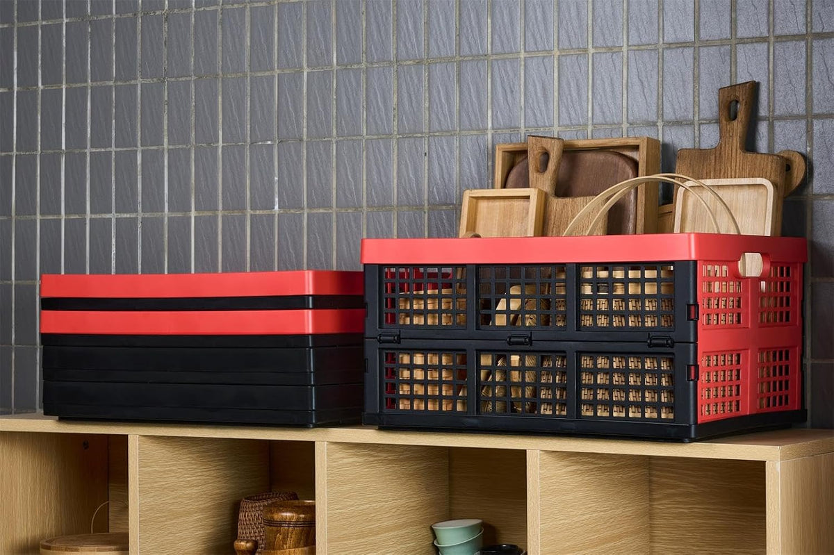 3-Pack Plastic Collapsible Storage Crates-30L,Foldable Plastic Crates for Storage (Black+Red)