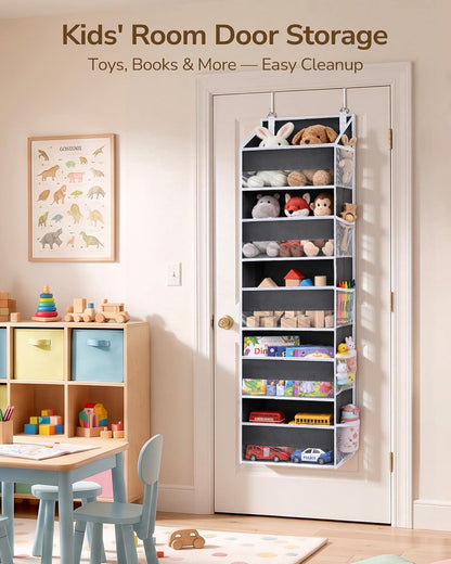 1 Pack over Door Organizer with 5 Large Pockets 10 Mesh Side Pockets, 44 Lbs Weight Capacity Hanging Storage Organizer with Clear Window Kids Toys, Diapers, Dark Grey, 5 Layers