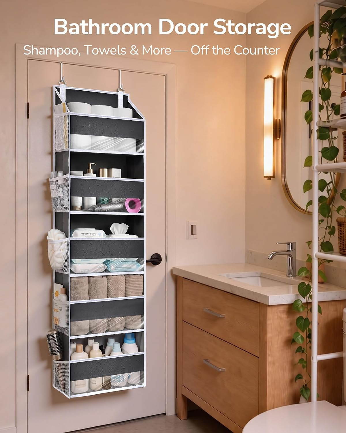 1 Pack over Door Organizer with 5 Large Pockets 10 Mesh Side Pockets, 44 Lbs Weight Capacity Hanging Storage Organizer with Clear Window Kids Toys, Diapers, Dark Grey, 5 Layers