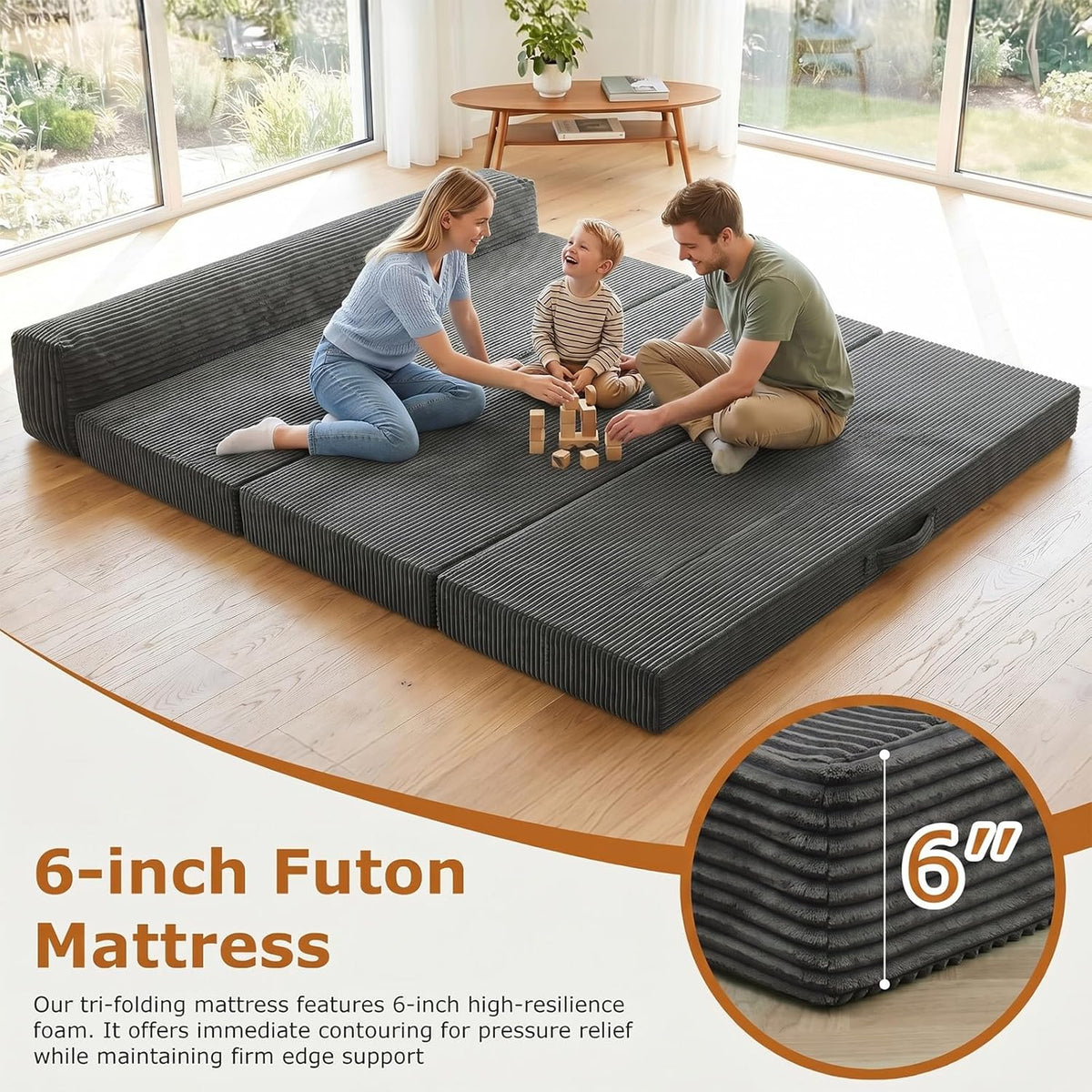 6 Inch Tri-Fold Memory Foam Mattress Full Size, 5 in 1 Convertible Sofa Bed, Foldable Floor Futon Sleeper Couch with Washable Cover & High-Density Foam, Portable Guest Bed for Living Room