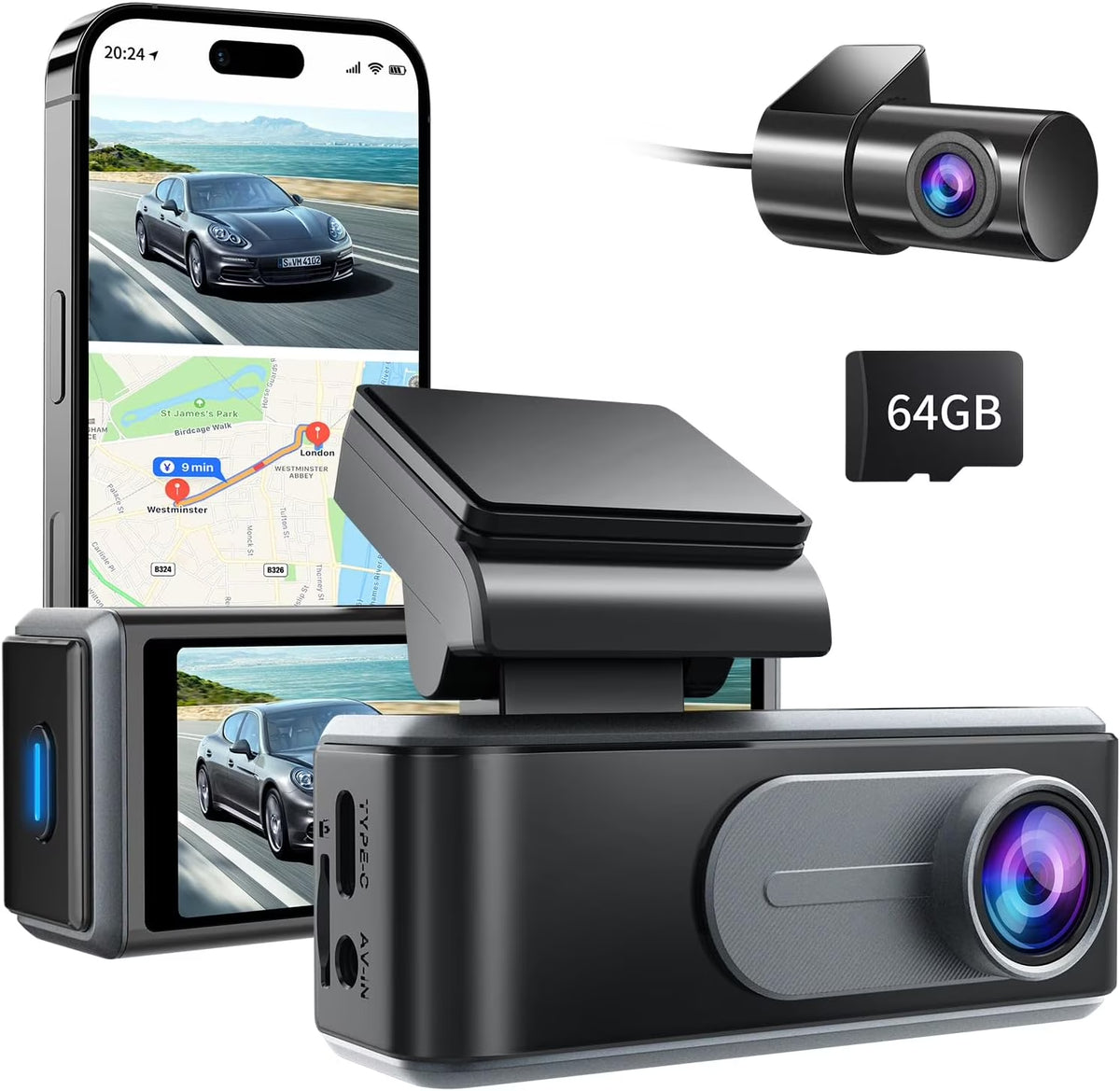 4K Front and Rear Dual Dash Cam with Wi-Fi and Mobile App Integration