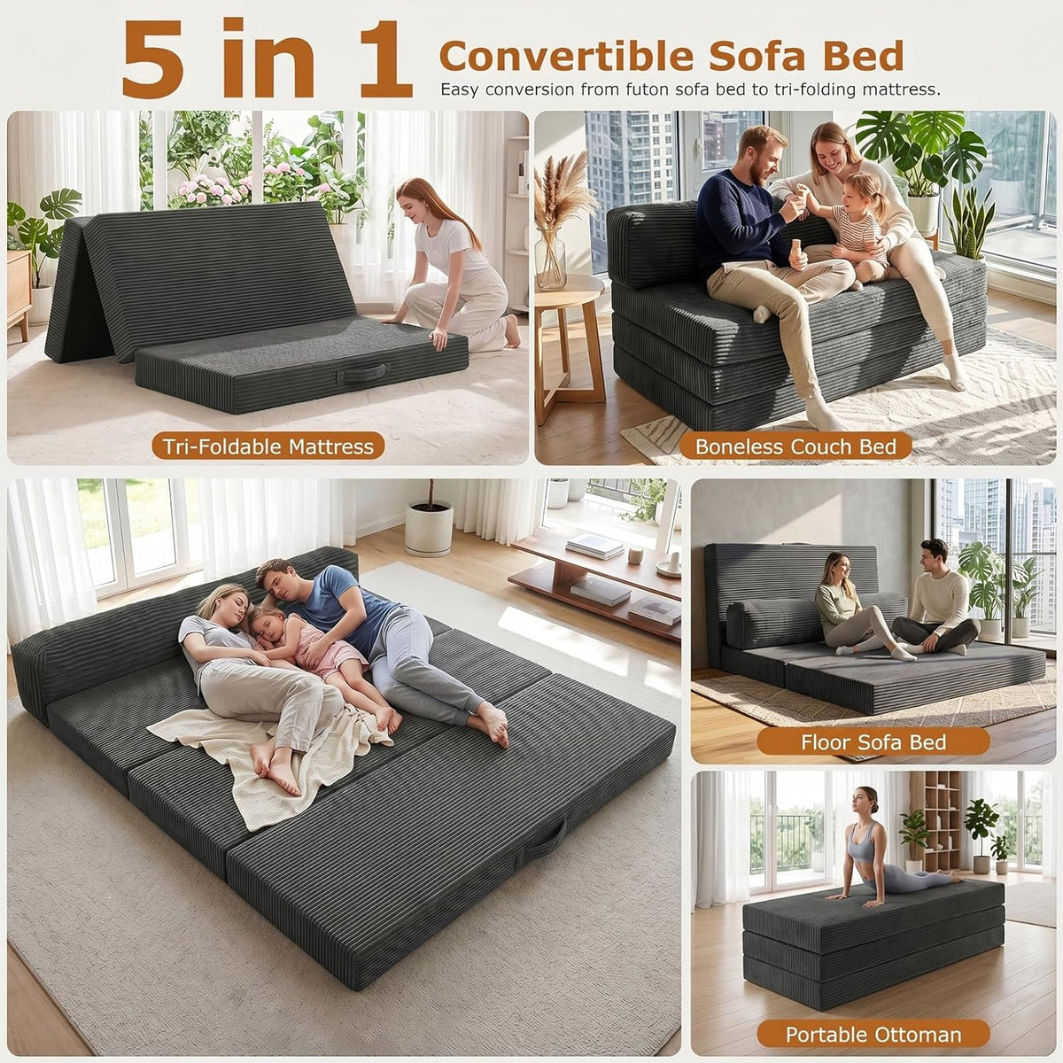 6 Inch Tri-Fold Memory Foam Mattress Full Size, 5 in 1 Convertible Sofa Bed, Foldable Floor Futon Sleeper Couch with Washable Cover & High-Density Foam, Portable Guest Bed for Living Room