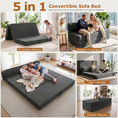 6 Inch Tri-Fold Memory Foam Mattress Full Size, 5 in 1 Convertible Sofa Bed, Foldable Floor Futon Sleeper Couch with Washable Cover & High-Density Foam, Portable Guest Bed for Living Room
