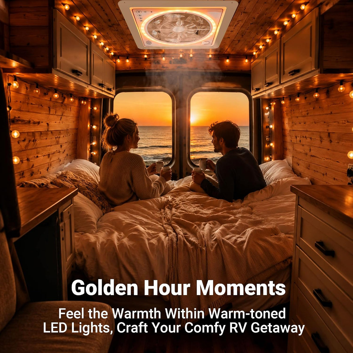 RV Roof Vent Fan 14X14 with 4 Color LED Ambiance Light, Reversible Airflow, Ultra-Quiet 12V (24V Max) Vent Fan with Remote & Rain Sensor