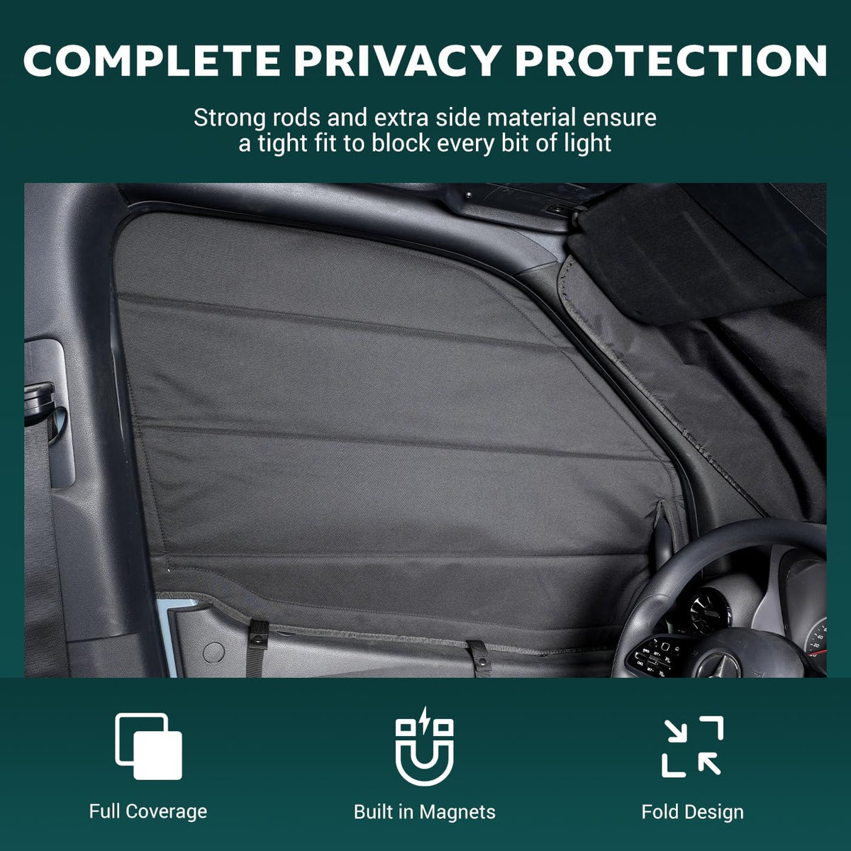 Front Door Window Covers(Pair) for Ford Transit Medium/High Roof, 2015-2026, Magnetic Insulated Blackout Window Sunshade, Foldable Design, Allseasonguard