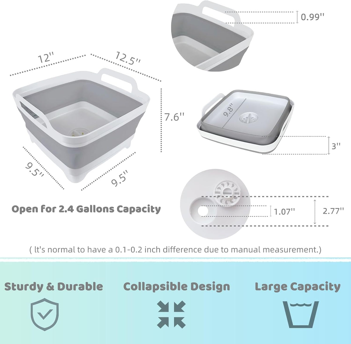 2.4Gal Collapsible Dish Basin with Drain Plug, Baby Bottle Wash Basin