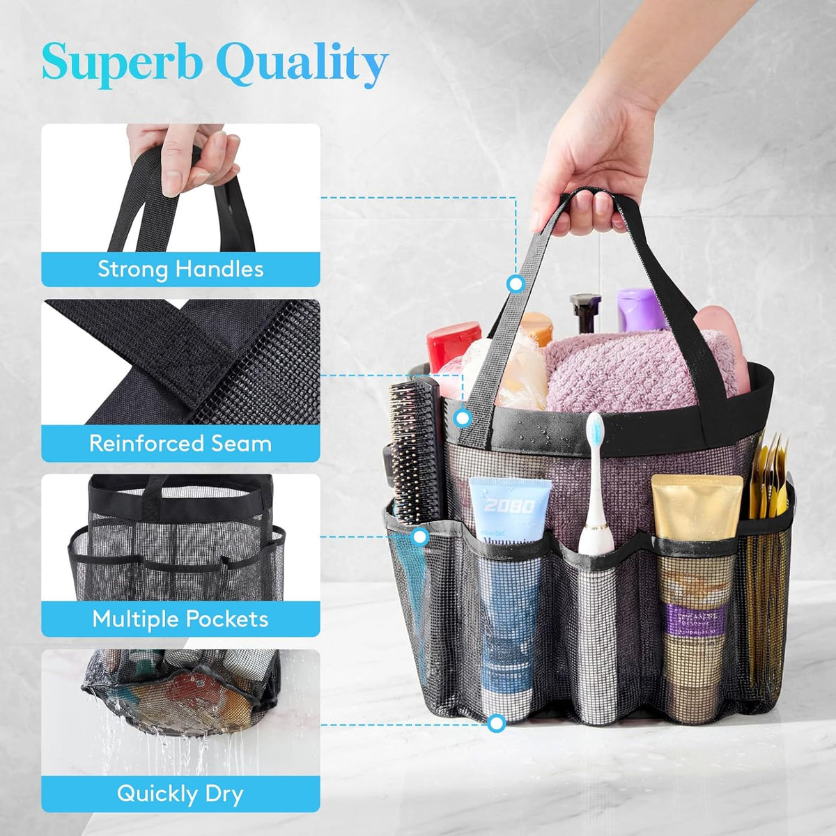 Mesh Shower Caddy Portable, Dorm Room Essentials, 1 Pack, Black
