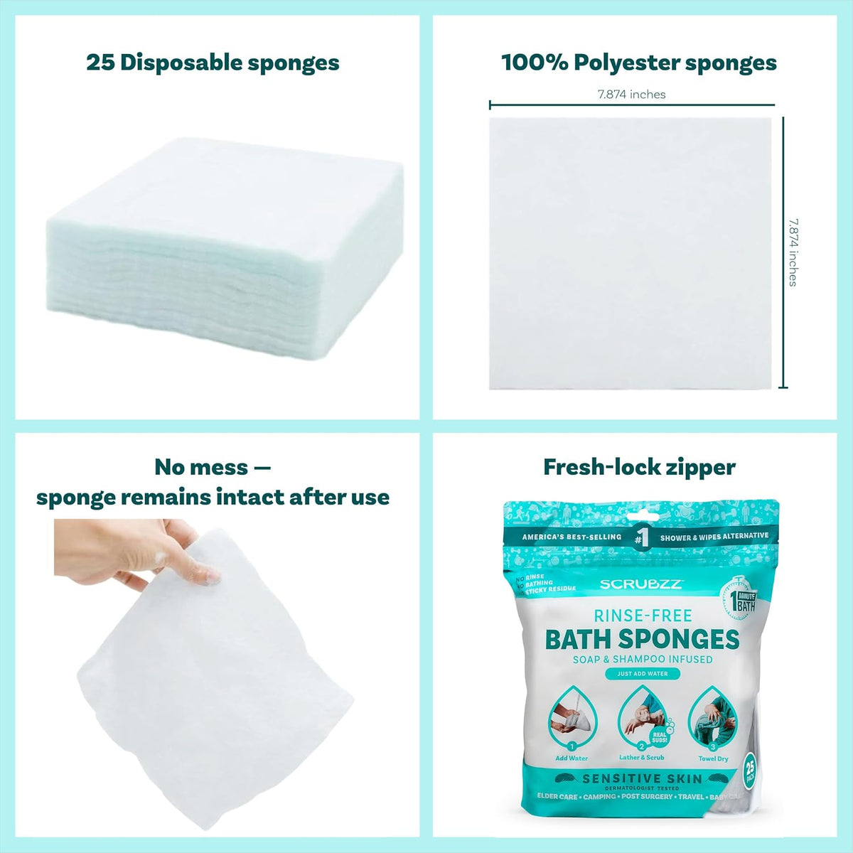 Disposable No Rinse Bathing Wipes for Senstive Skin - 25 Pack - All-In-1 Single Use Shower Wipes, Simply Dampen, Lather, and Dry without Shampoo or Rinsing (Sensitive Skin, 1-Pack)