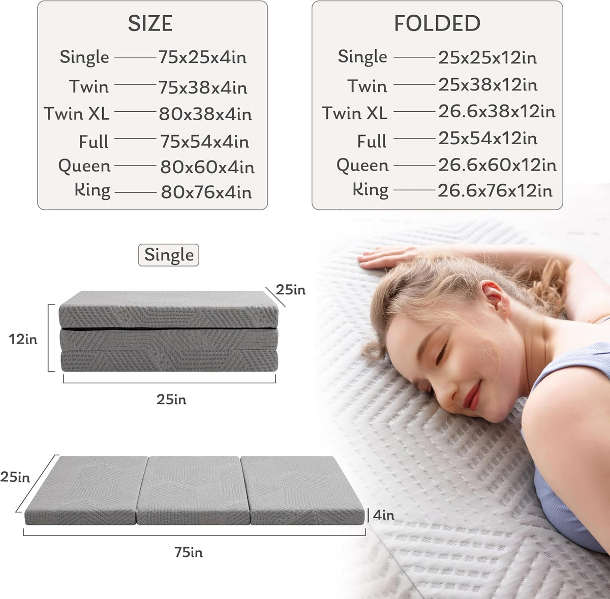 Twin Trifold Mattress, 4 Inch Foldable Gel Memory Foam Mattress