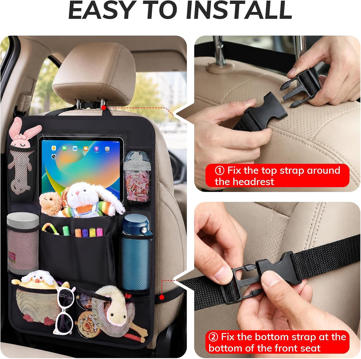 Backseat Car Organizer W/ 10 Storage Pockets 11" Tablet Holder, 2 PCS Black