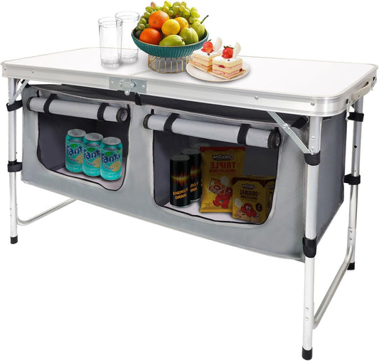 Folding Camping Table with Storage Organizer, Adjustable Height