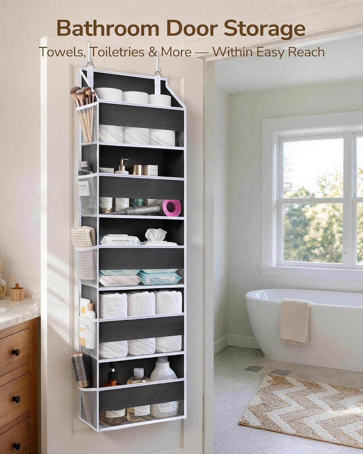 1 Pack over Door Organizer with 5 Large Pockets 10 Mesh Side Pockets, 44 Lbs Weight Capacity Hanging Storage Organizer with Clear Window Kids Toys, Diapers, Dark Grey, 5 Layers