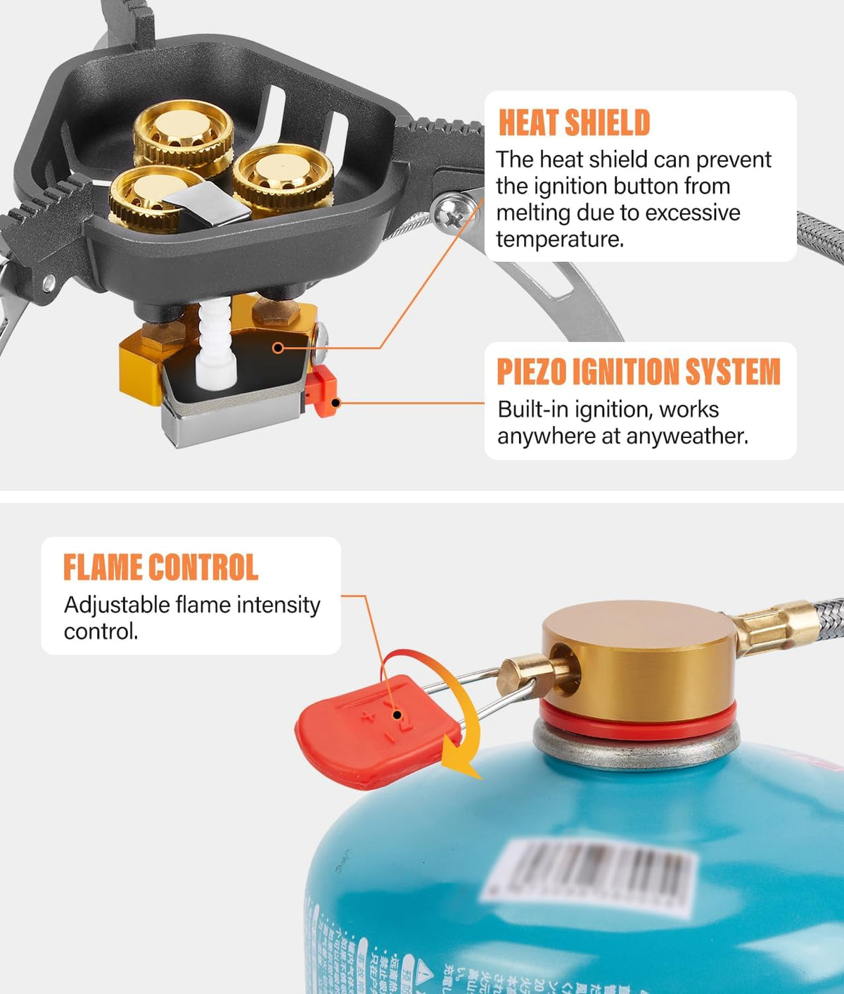 7200W Windproof Camp Stove, Camping Gas Stove with Piezo Ignition