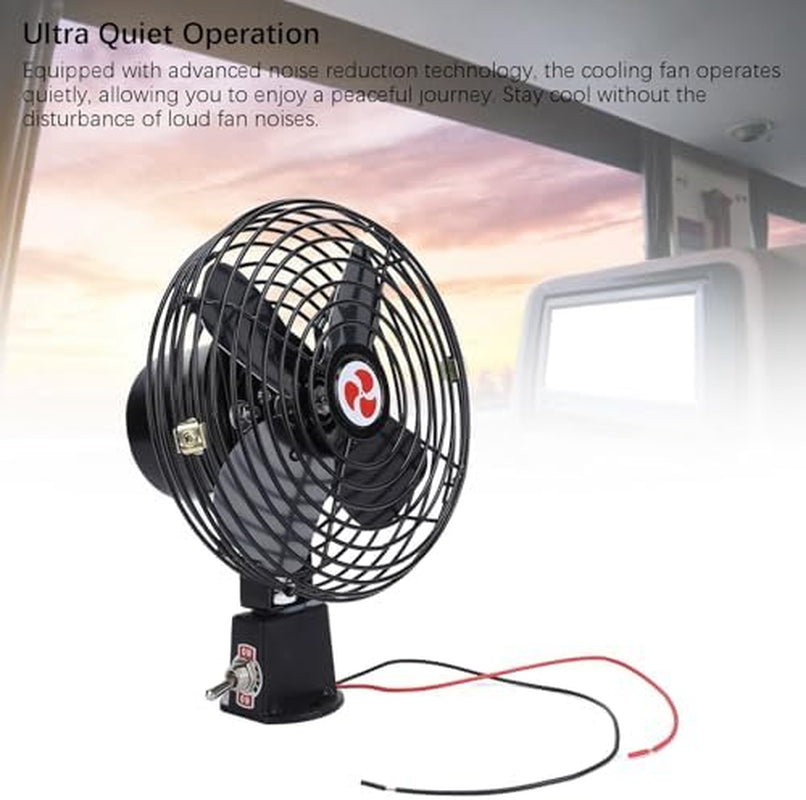 12V Heavy-Duty Metal Car Fan with Noise Reduction Technology for Vehicles, Boats, and Buses (8 Inch)