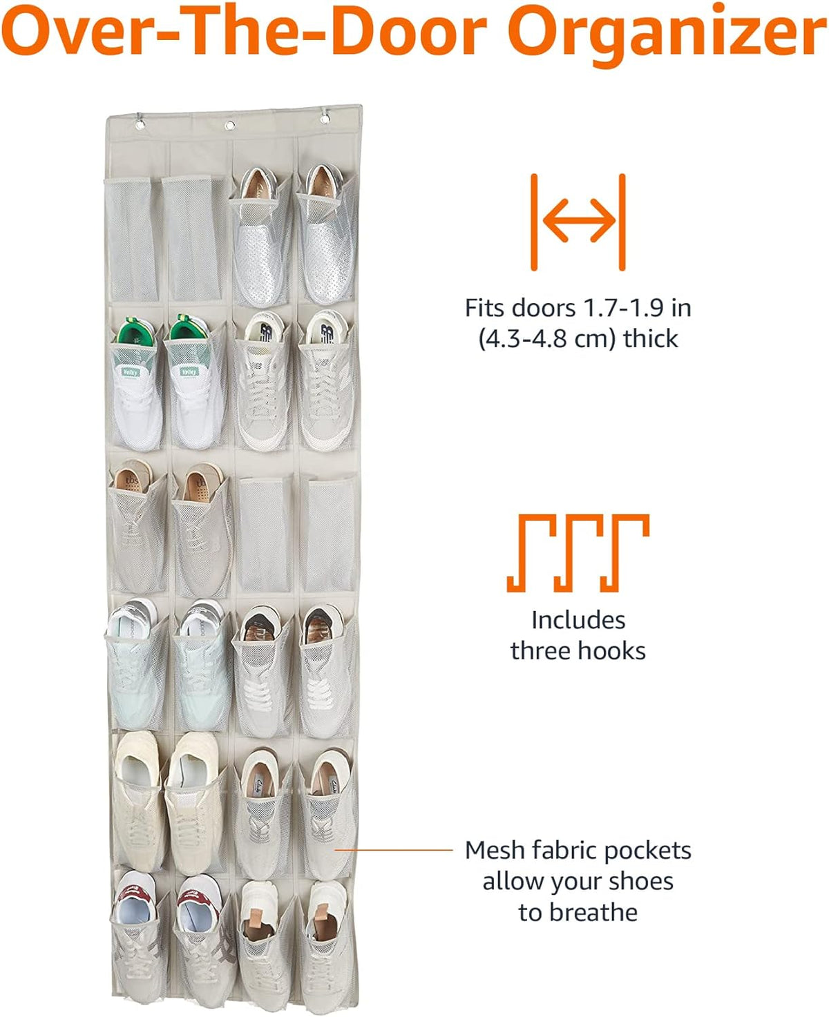 24 Medium Mesh Pocket Over-The-Door Hanging Shoe Organizer, Space Saving Shoe Storage, Light Grey