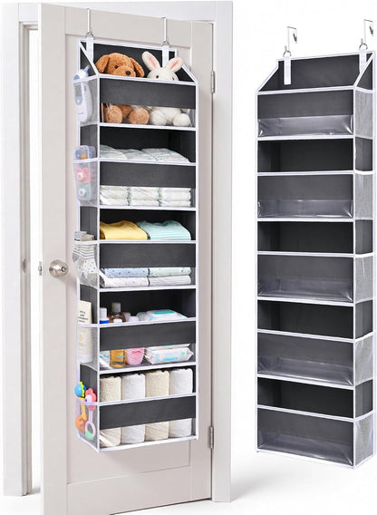1 Pack over Door Organizer with 5 Large Pockets 10 Mesh Side Pockets, 44 Lbs Weight Capacity Hanging Storage Organizer with Clear Window Kids Toys, Diapers, Dark Grey, 5 Layers